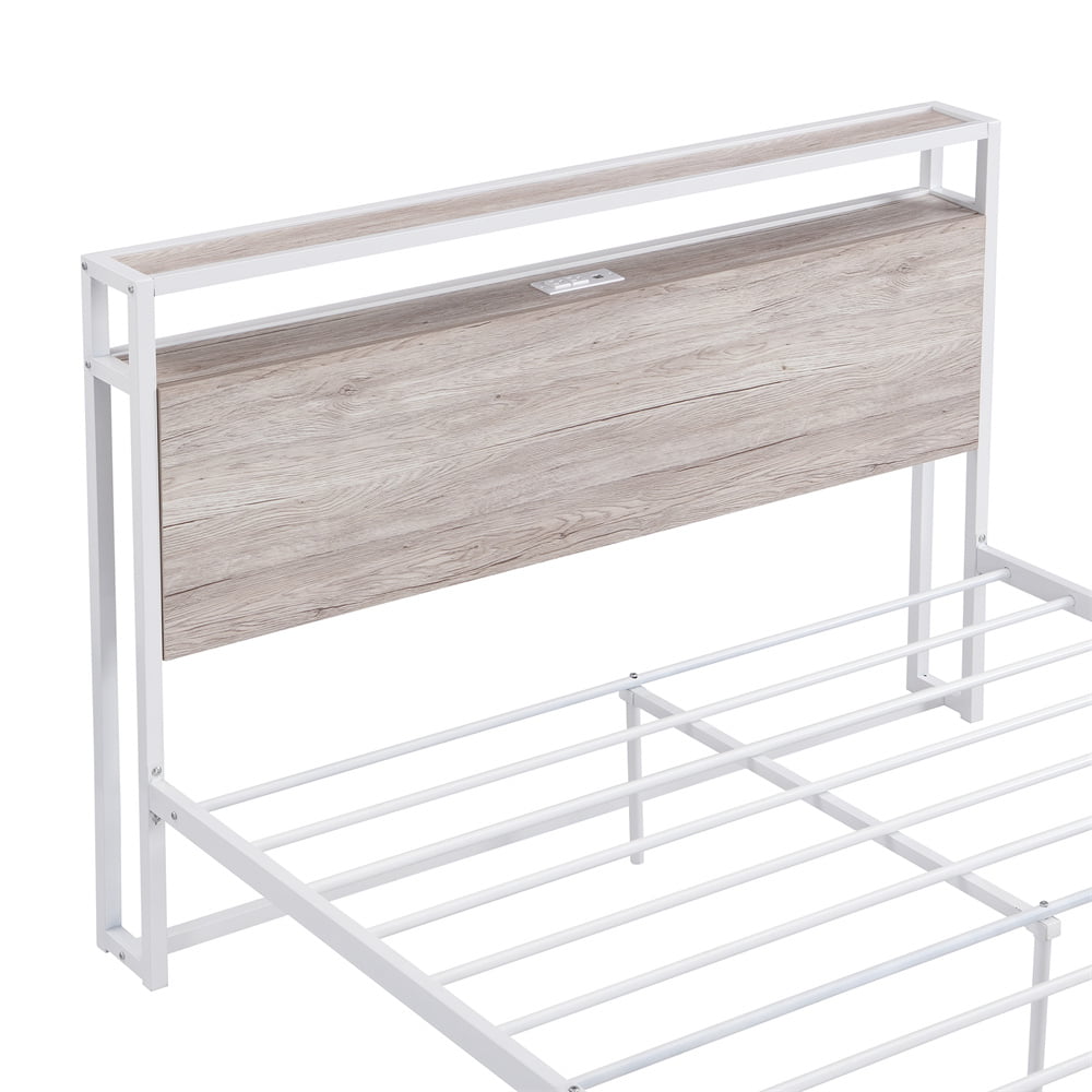 Metal Platform Bed with Sockets & USB Ports, Full Size Platform Bed Frame with 2 Shelves & Headboard & Footboard, Low Platform Bed Mattress Foundation with Under Bed Storage No Box Spring Needed White