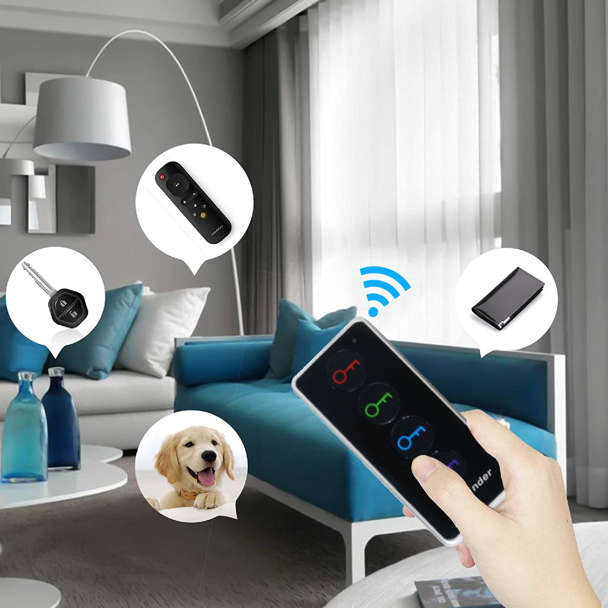 Key Finder RF Item Locator with 1 Transmitter and 4 Receivers, 130ft Working Range Wireless Item Tracker Support Remote Control LED Flashlight Function for Finding Phone, Wallet and Keys