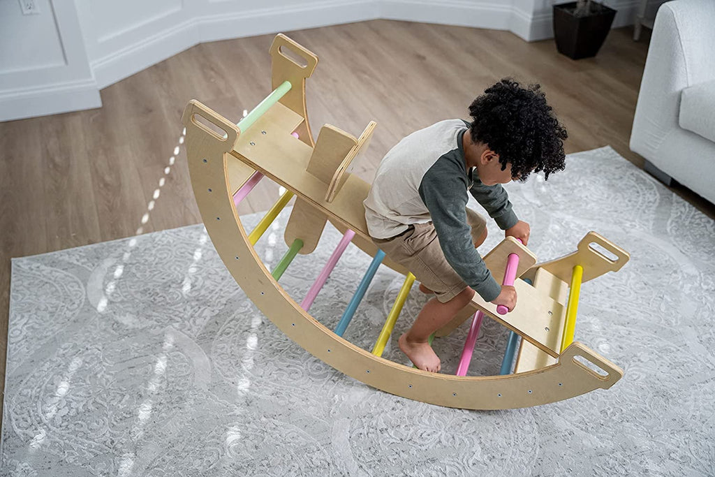 Avenlur BAILIS Seesaw Rocker Climber Arch with Handles and Built in Seat for Toddlers - Montessori Waldorf Style Wooden Colorful Rainbow Arch Climbing Play Structure for Kids (Colored Bars)