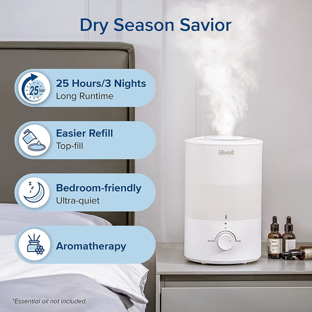 Levoit Cool Mist Humidifier for Room, 3L Top-Fill Humidifier for Bedrooms, and Baby Nurseries, with Aromatherapy, Dual 150, White