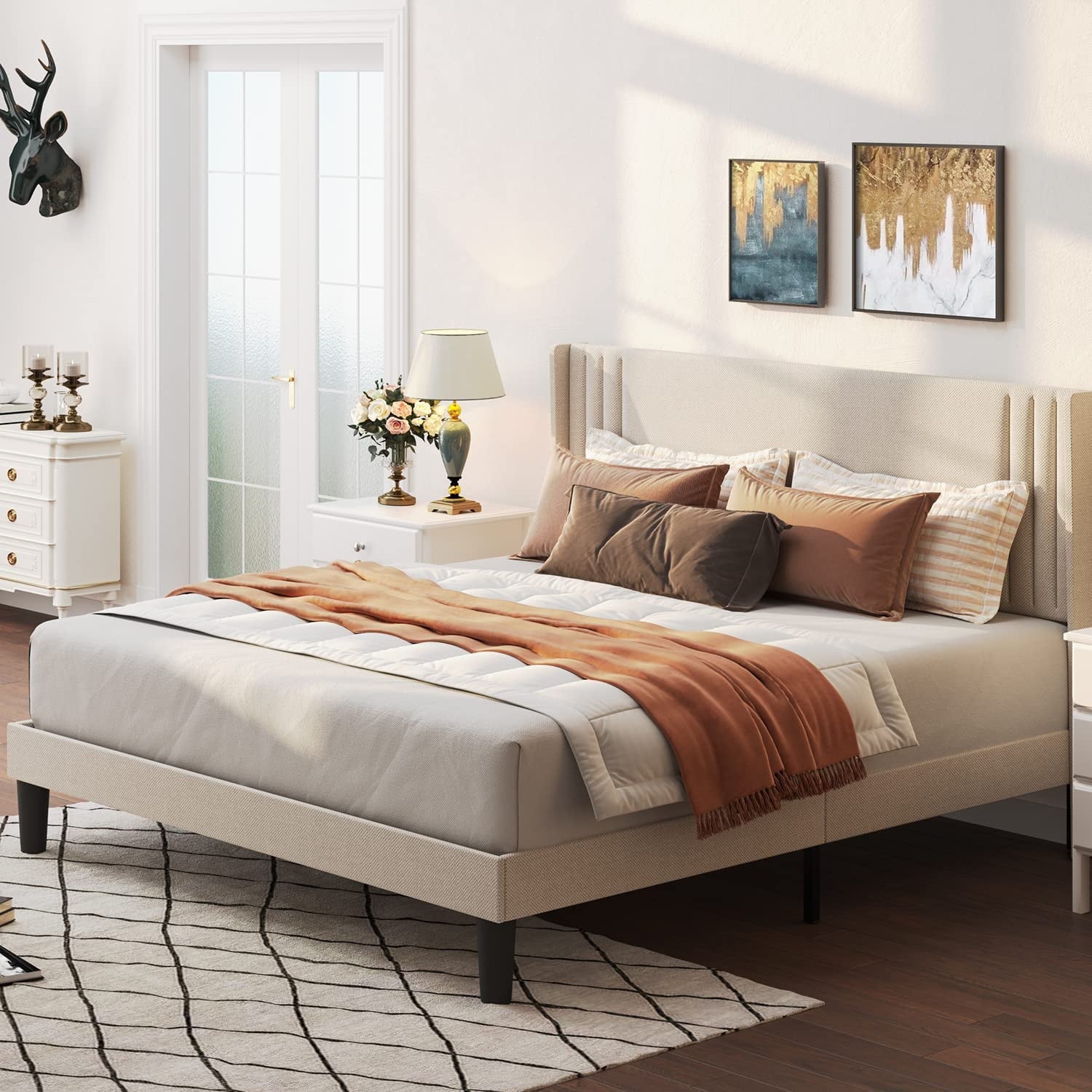 Aiho Queen Platform Bed Frame with Wingback Headboard, Beige