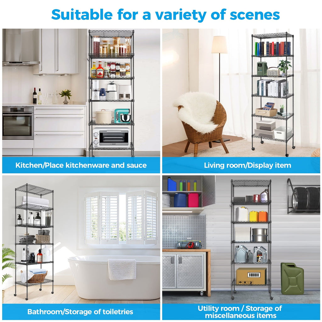 6-Tier Shelf Rack Wire Shelving Unit Storage Height Adjsutable Metal Shelf with 4 Side Hooks, 260lbs Capacity Free Standing Rack Organization for Kitchen Bedroom Garage