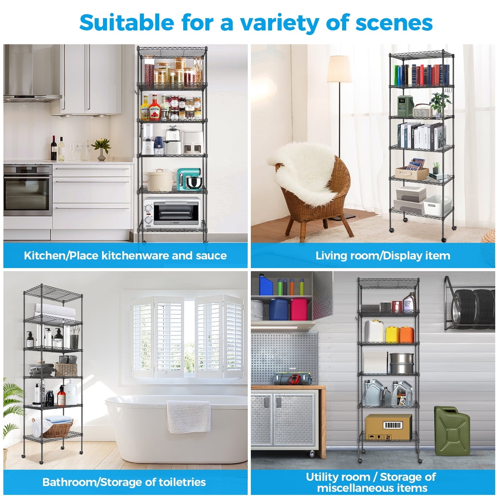 6-Tier Shelf Rack Wire Shelving Unit Storage Height Adjsutable Metal Shelf with 4 Side Hooks, 260lbs Capacity Free Standing Rack Organization for Kitchen Bedroom Garage
