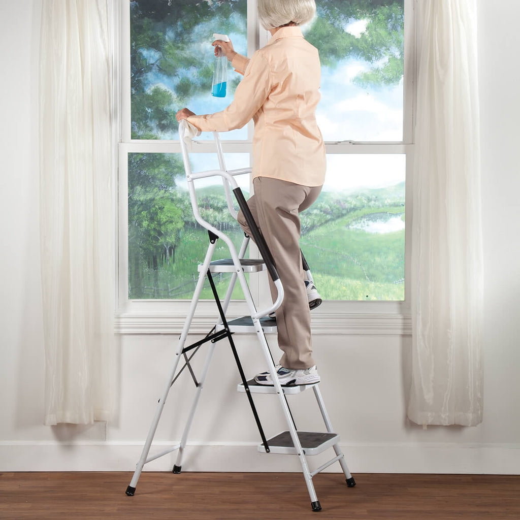 LivingSURE Folding 4-Step Safety Ladder - Heavy Duty Steel, Anti-Slip Treads, Padded Handrails - Space Saving Design - Perfect for Home, Kitchen, Office - 32 x 21 x 66 inches