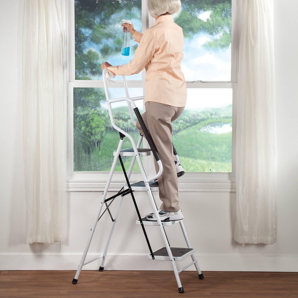 LivingSURE Folding 4-Step Safety Ladder - Heavy Duty Steel, Anti-Slip Treads, Padded Handrails - Space Saving Design - Perfect for Home, Kitchen, Office - 32 x 21 x 66 inches