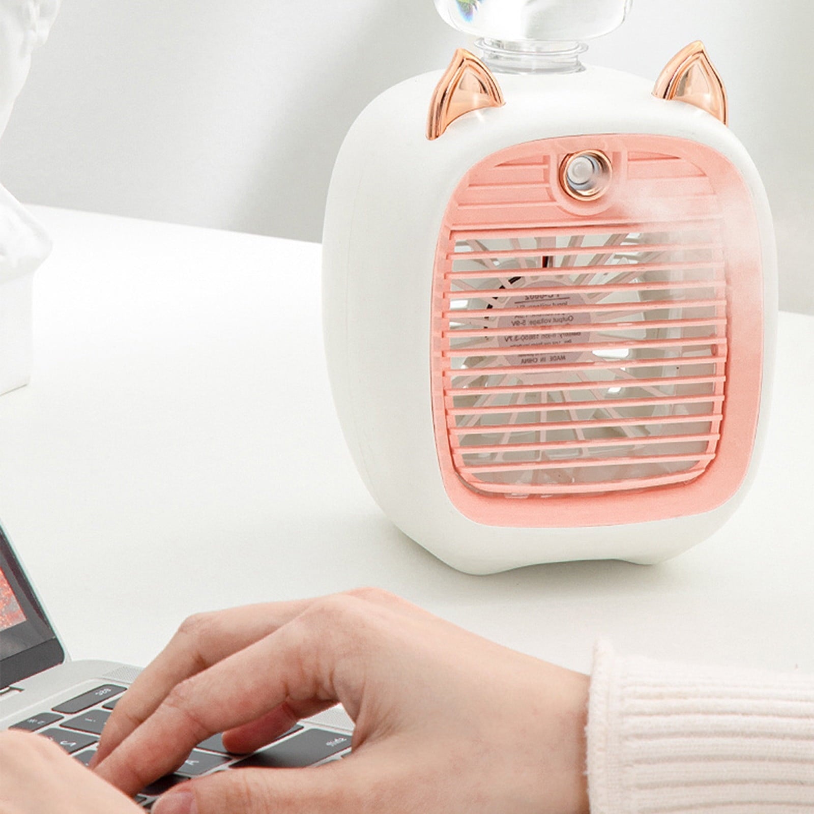 SDJMa Cute Cat Style Portable Air Conditioner, 250ml Evaporative Air Cooler Fan with 3 Speeds & Spray Function, USB Rechargeable Personal Mini Desk Fan for Room Office Camping