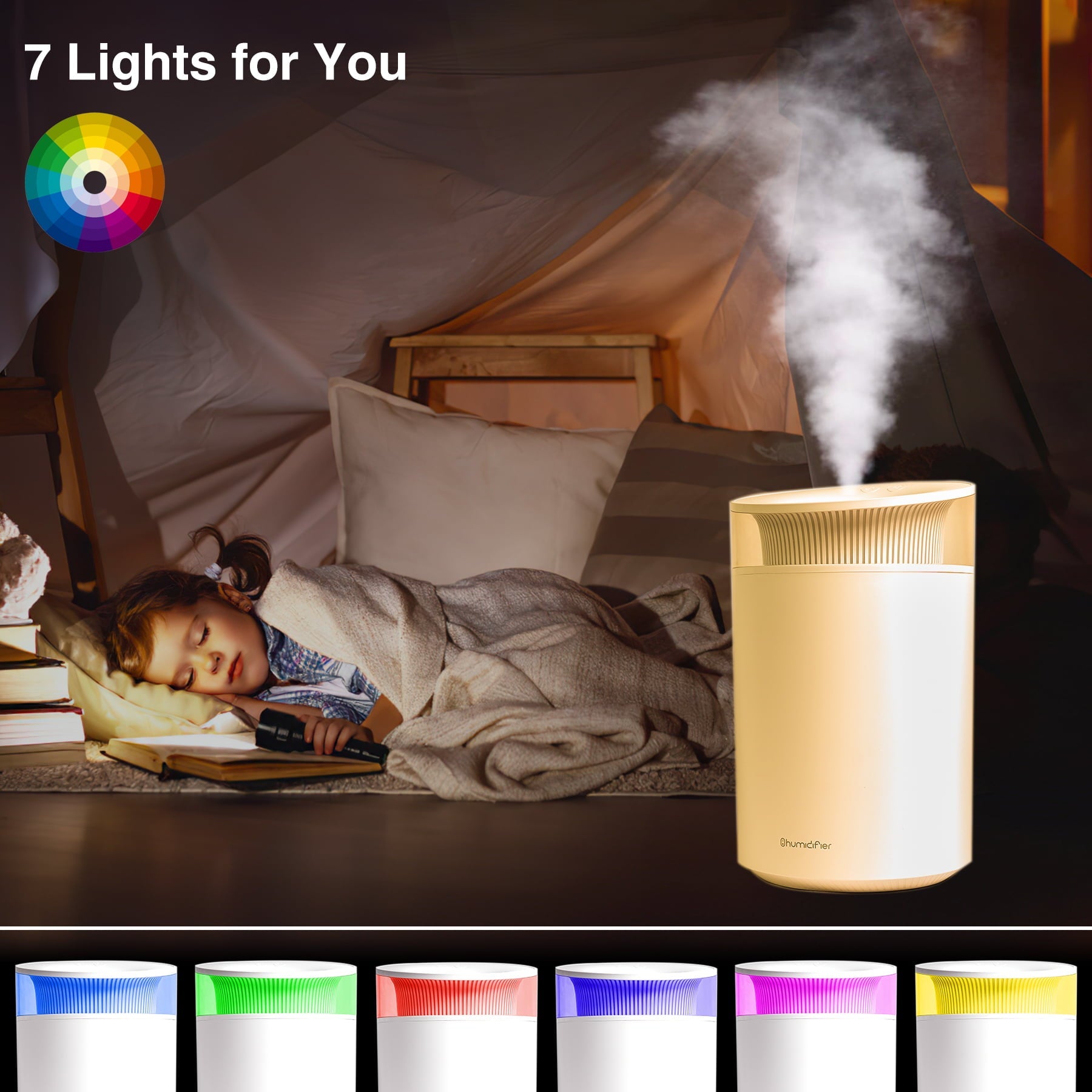 VAVSEA Room Humidifier for Bedroom, 2.5L UltraQuiet Cold Mist Air Humidifier for Baby ＆ Home, with Essential Oil, 4 Air Diffusion Modes, 7-Color LED Light, Up to 30 hour Runtime