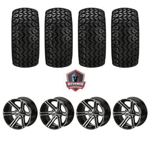 14" Yukon Machined Black Golf Cart Wheels on Tires Combo (23X10-14) Set of 4