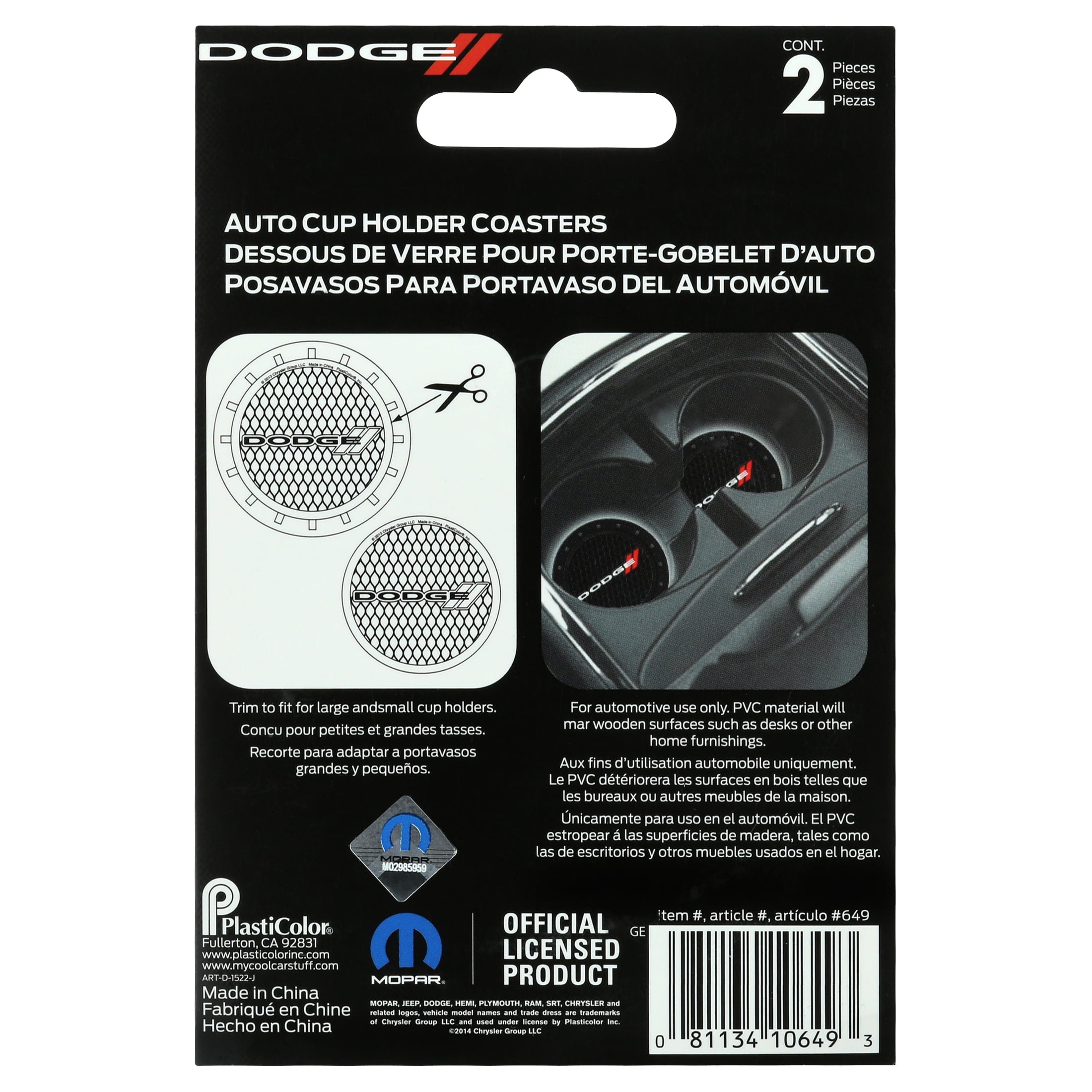 Plasticolor Dodge Automotive Cup Holder Coasters, Black, 2 Pack