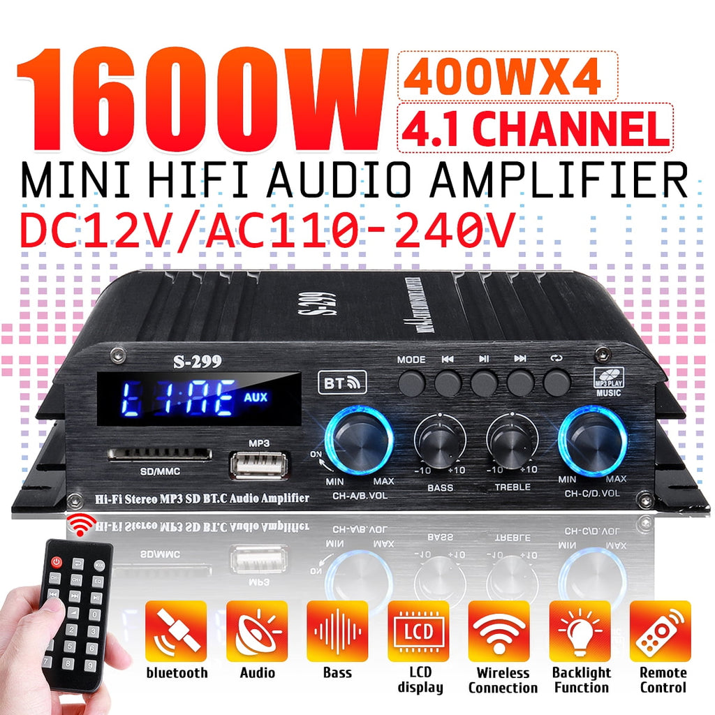 1600W Bluetooth Audio Power Amplifier, 4.1 Channel Support 2 Pairs Speakers 1 Subwoofer, Wireless HiFi Stereo Receivers for Home & Car