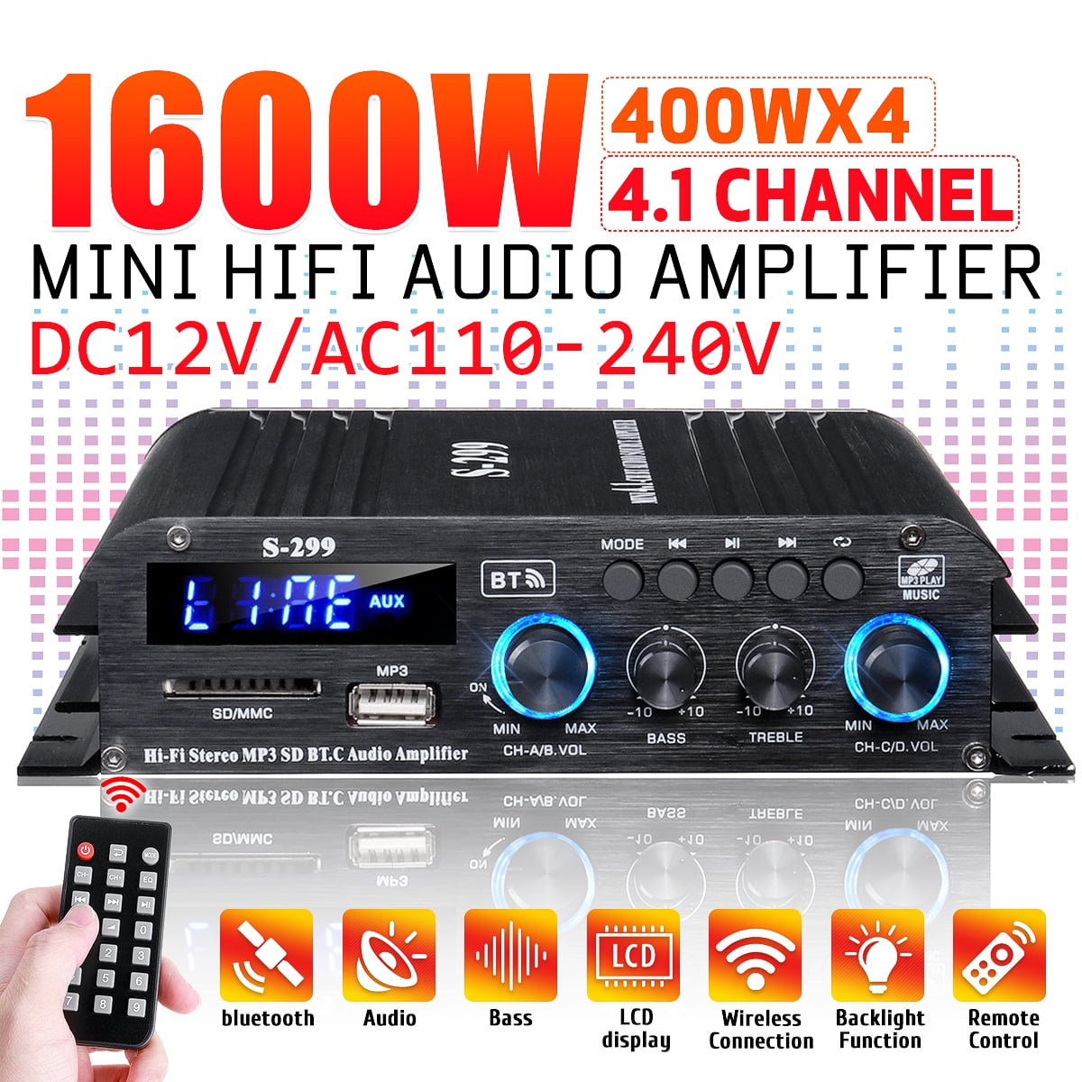 1600W Bluetooth Audio Power Amplifier, 4.1 Channel Support 2 Pairs Speakers 1 Subwoofer, Wireless HiFi Stereo Receivers for Home & Car