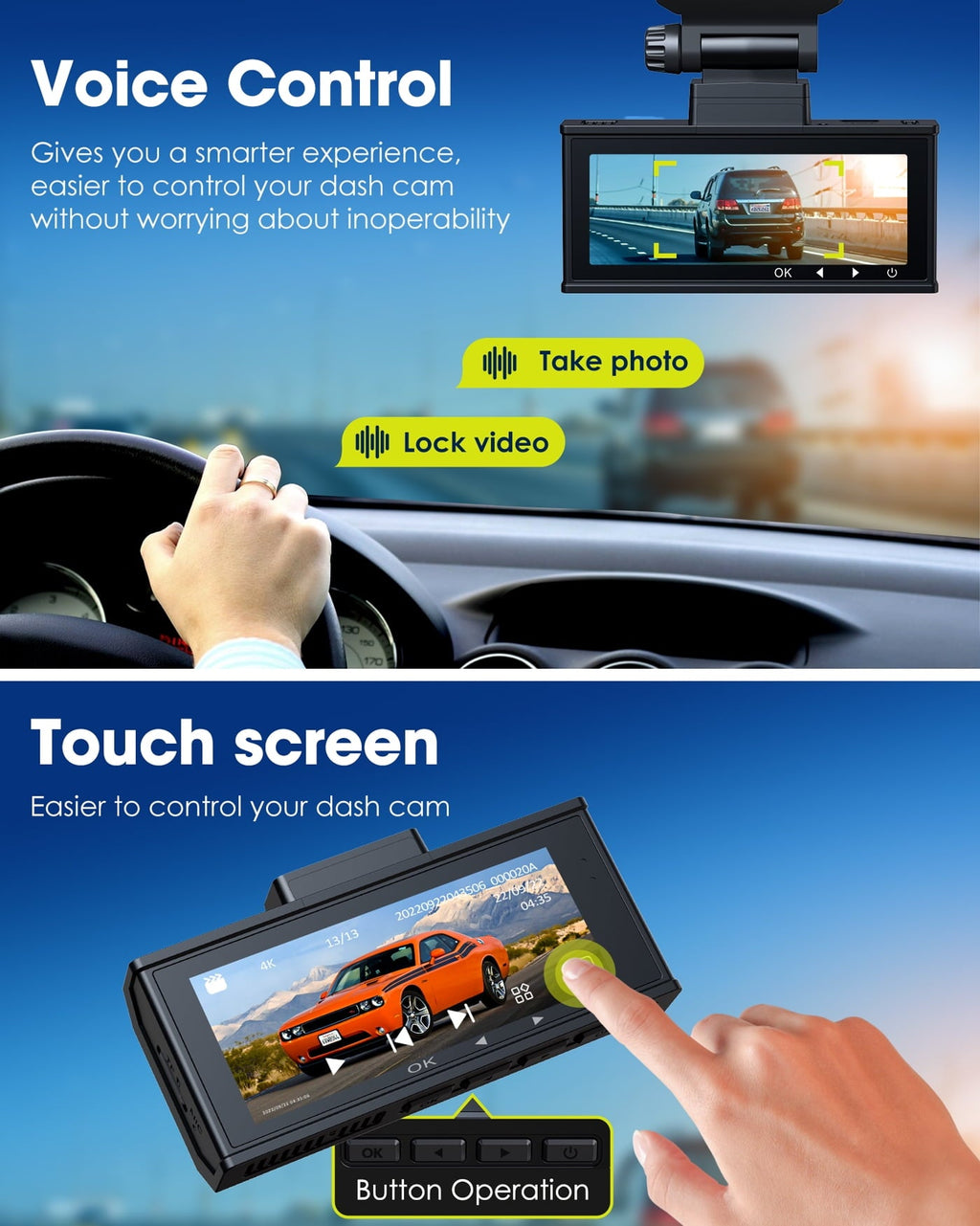 TOGUARD Dash Cam 4K with 5Ghz Wifi GPS, 4K+2K Dash Cam Front and Rear 3.16” Touch Screen Dual Sony Night Vision Car Camera, Voice Commands, WDR, Type C, with 64GB Memory Card