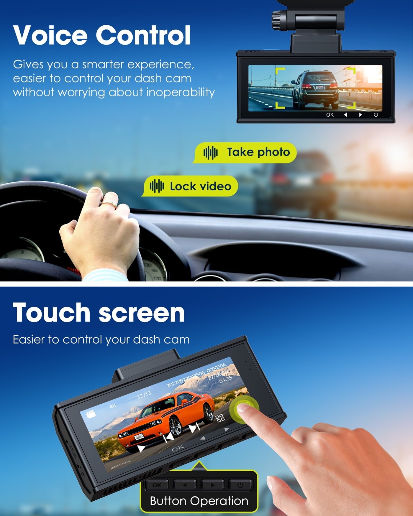 TOGUARD Dash Cam 4K with 5Ghz Wifi GPS, 4K+2K Dash Cam Front and Rear 3.16” Touch Screen Dual Sony Night Vision Car Camera, Voice Commands, WDR, Type C, with 64GB Memory Card