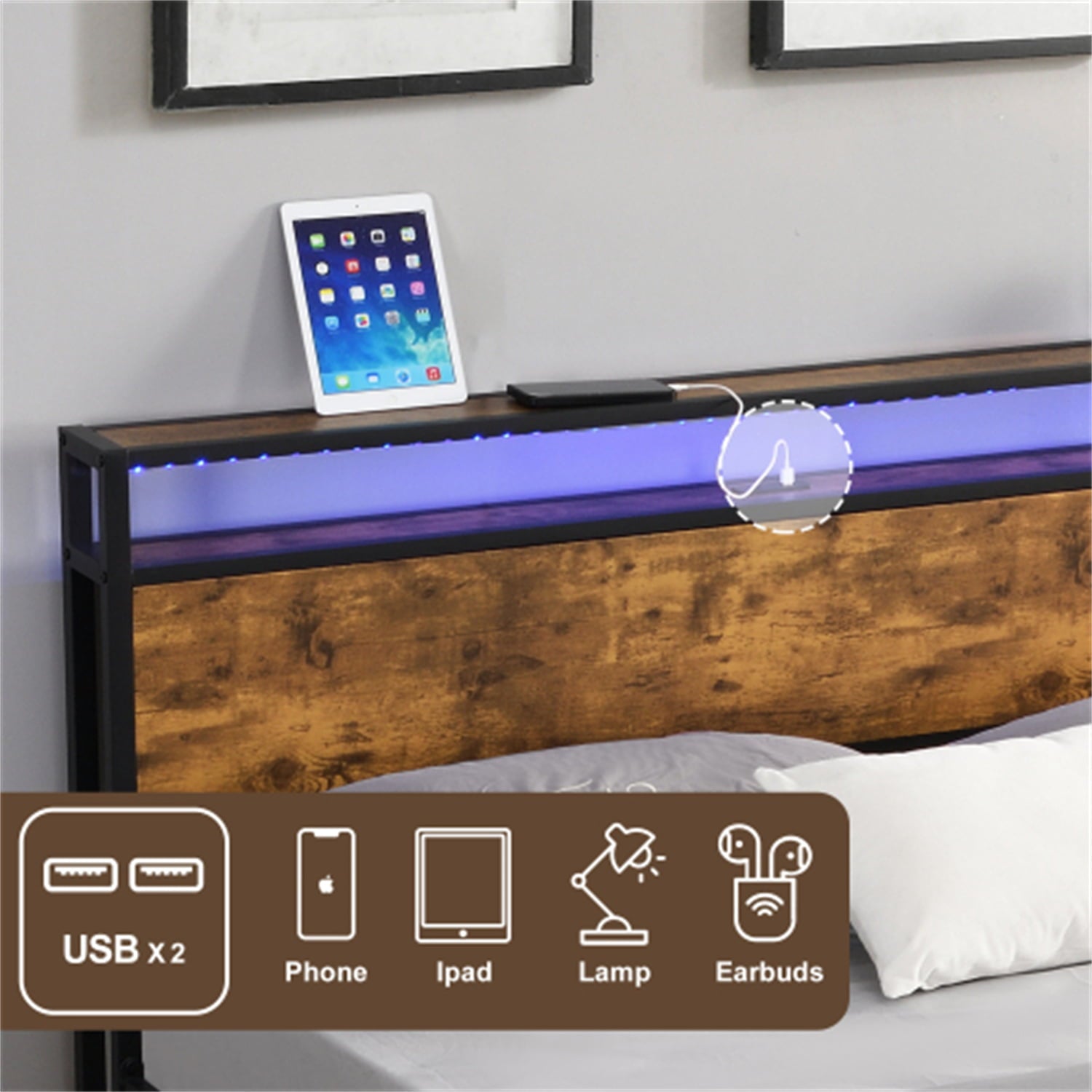 Full Size Platform Bed with LED Lights and 2 USB Ports, Industrial Full Bed Frame with Under-Bed Storage and Wooden Headboard, Noise Free, No Box Spring Needed, Rustic Brown