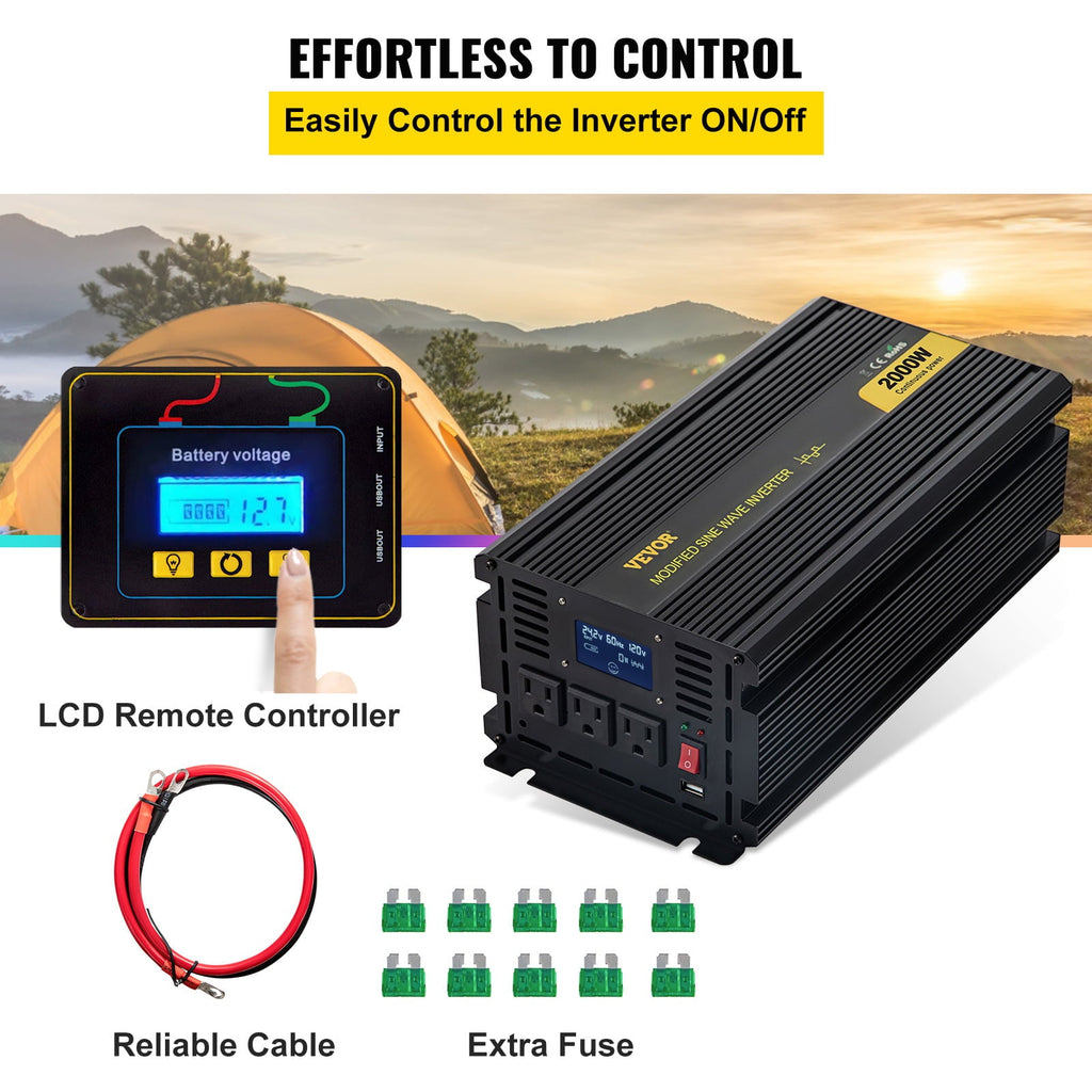 VEVOR Power Inverter 2000W Modified Sine Wave Inverter DC24V to AC120V Car Converter with USB Port LCD Display Remote Controller LED Indicator AC Outlets Inverter for Car RV Truck Boat Travel Camping