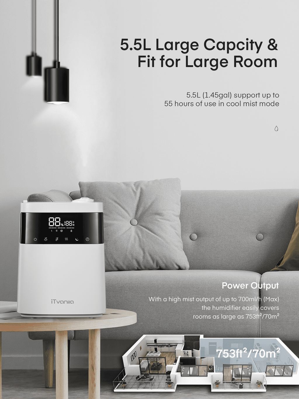 ITvanila Humidifier, 5.5L Warm and Cool Mist Humidifiers for Bedroom with Customized Humidity, Sleep Mode and 12H Timer, for Living Room, Office and Baby Room (White)