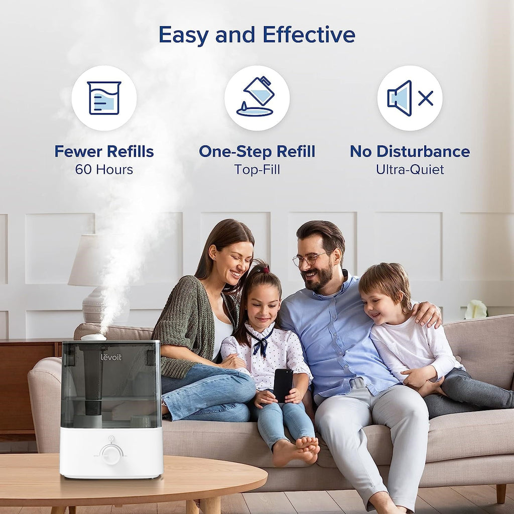 Levoit Cool Mist Humidifier for Room, Top Fill Vaporizer for Large Rooms with Nightlight, 6L, Classic 300, Gray