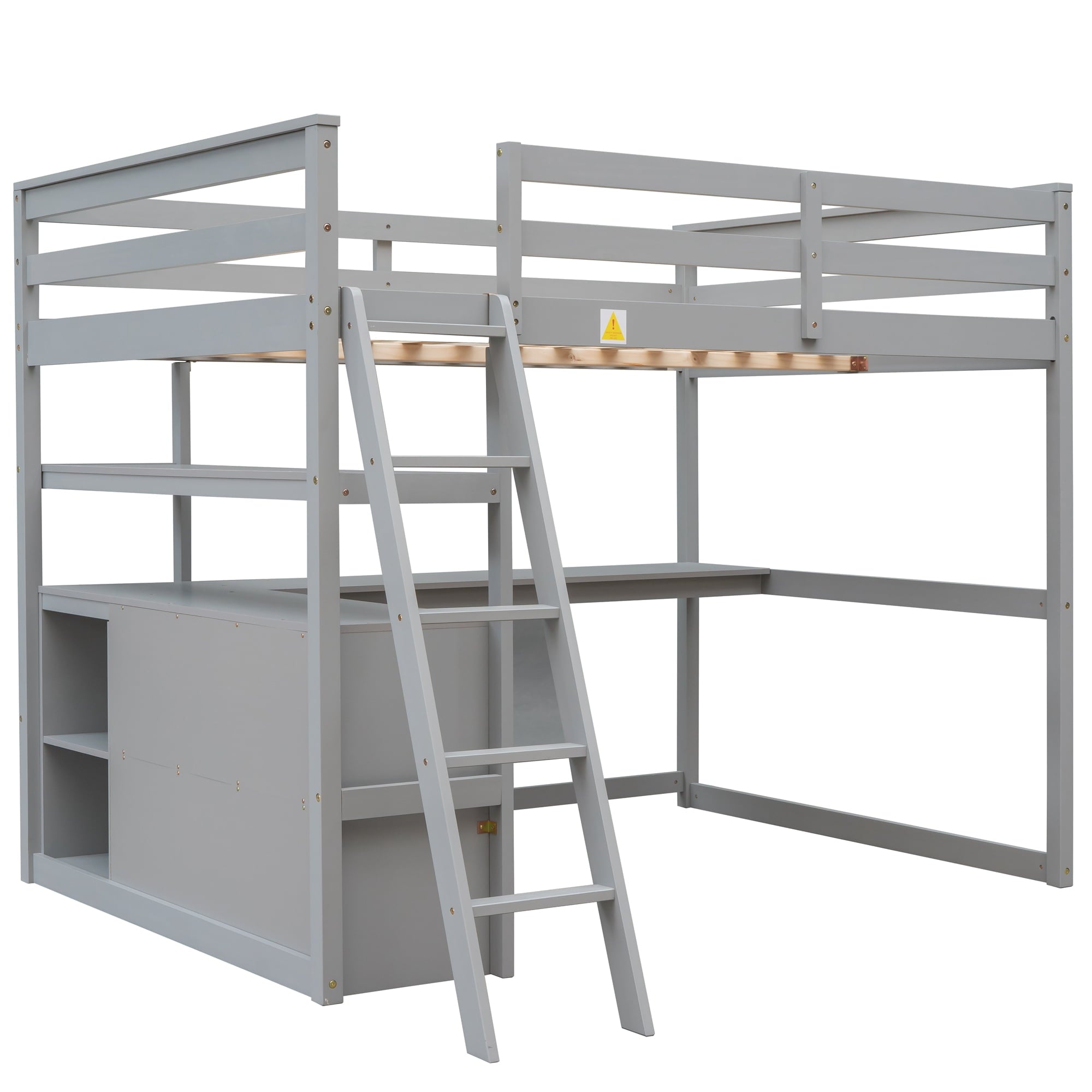 Euroco Full Size Wood Loft Bed with Desk, Shelves and Cabinets for Kids Room, Incline Ladder and 3 Drawers, Gray