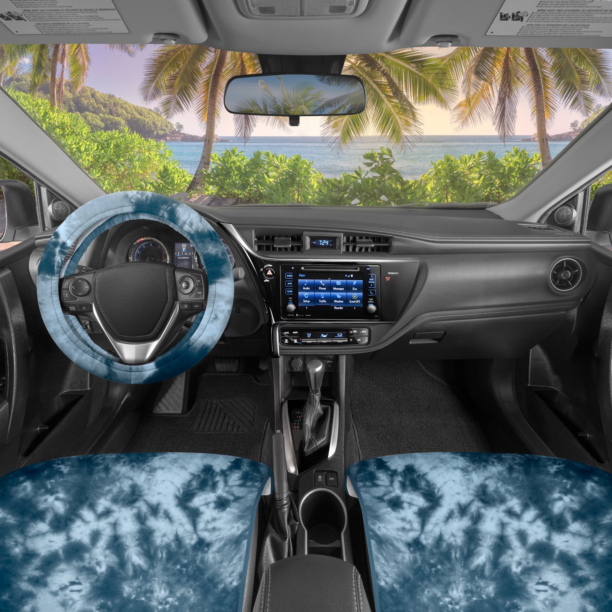 Carbella Tie-Dye Car Seat Covers, Blue Seat Covers for Cars with Matching Steering Wheel Cover, Cute Automotive Interior Covers for Trucks Van SUV