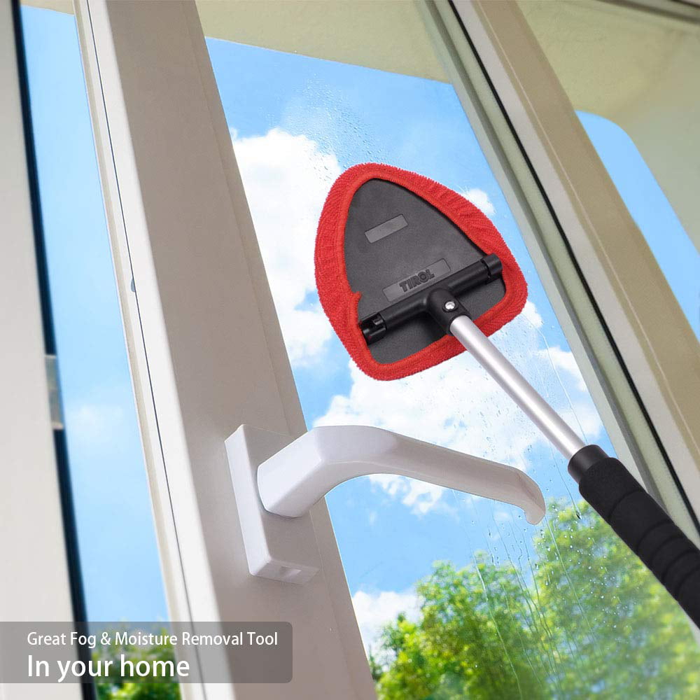 AutoEC Windshield Cleaner Car Window Cleaner Cleaning Tool with Extendable Handle and 2 Reusable Removable Coral Cap, Car Wash Brush, Red