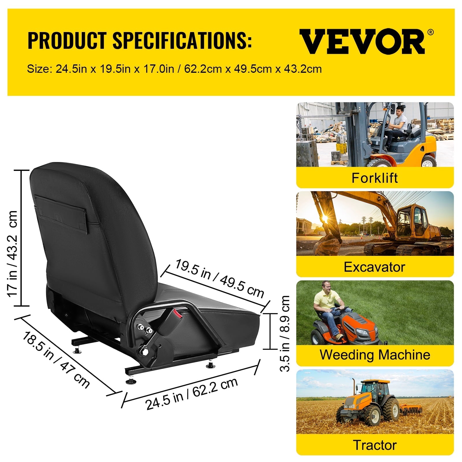 VEVORbrand Universal Forklift Seat Komatsu Style Forklift Seat with Retractable Seat Belt Excavator Seat