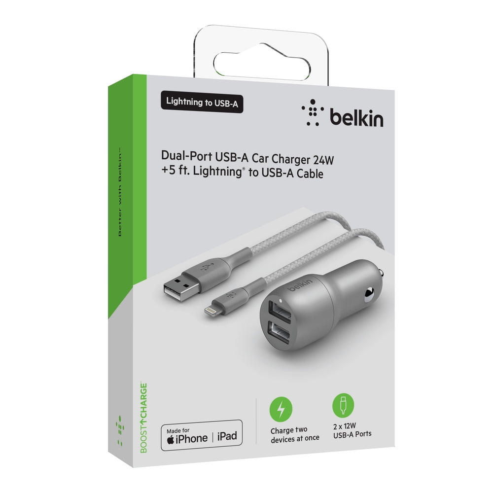 Belkin 24 Watt Dual USB Car Charger - 2 12W USB A Ports with Braided LGT Cable for Fast Charging Apple iPhone 14, 14 Pro, 14 Pro Max, iPhone 13, Samsung Galaxy, AirPods & More - USB-C Charger, Silver