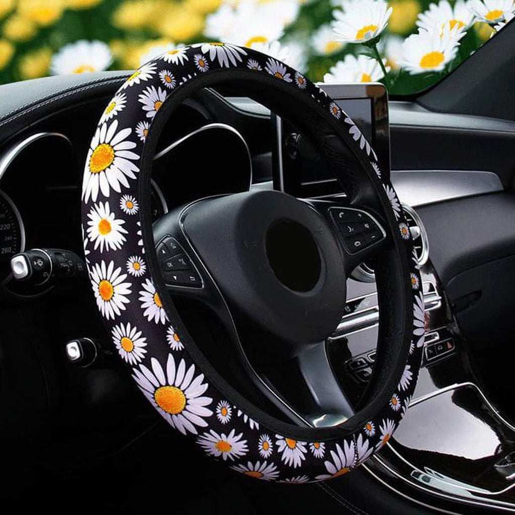 Doingart Universal Steering Wheel Cover - Auto Car Daisy Sunflower Steering Wheel Cover Non-slip and Sweat Absorption Steering Wheel Cover Universal 14.5 to 15.25 inches