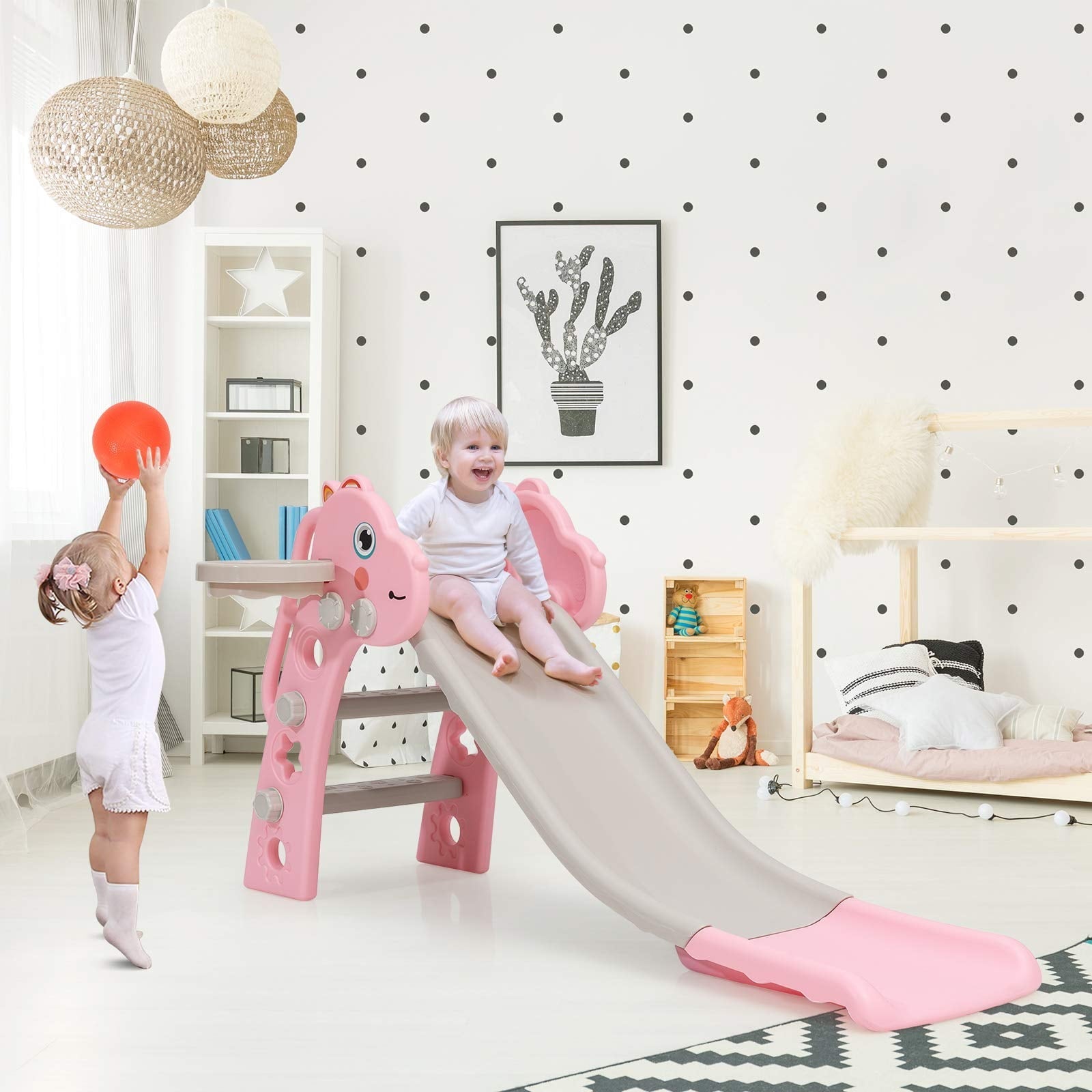 REIDIU 3 in 1 Slide for Kids, Toddler Slide Climber Set for Indoor Outdoor, Freestanding Game Slide with Extra Long Slipping Slope, Basketball Hoop and Ball for Boys & Girls (Pink)