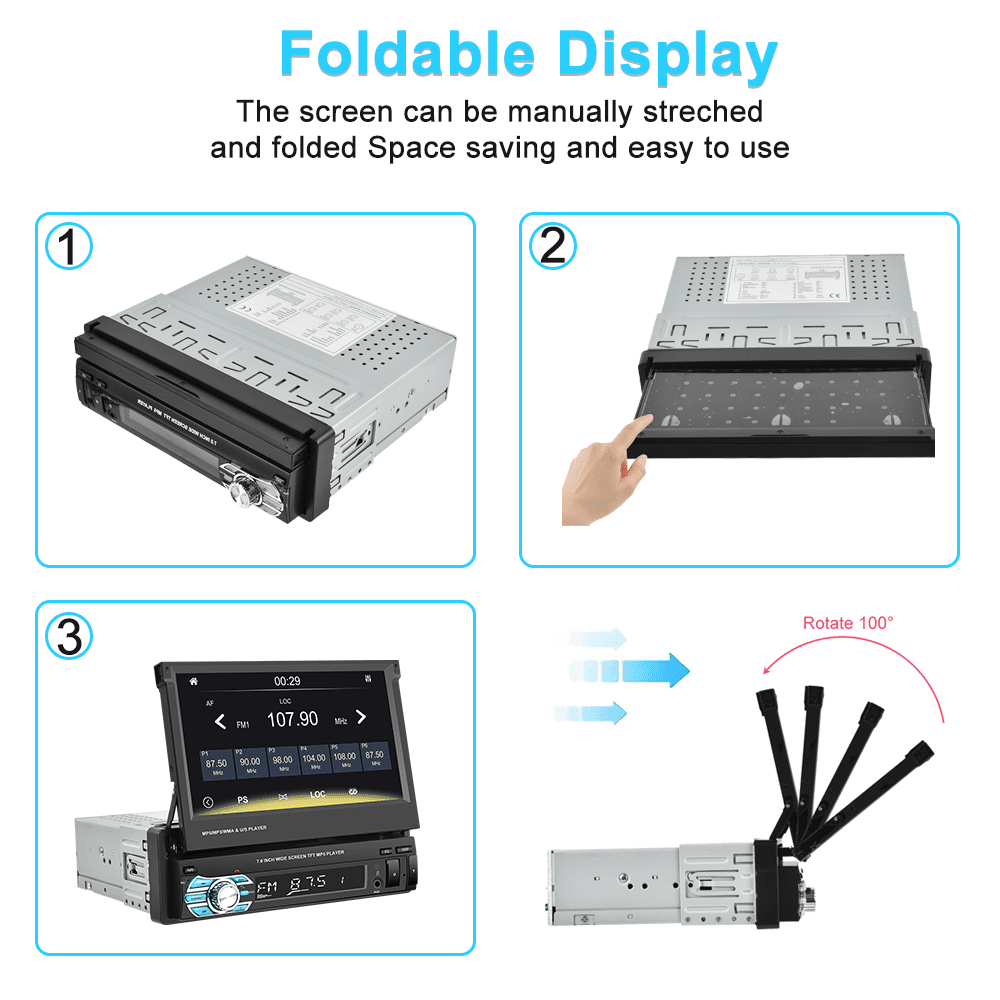 Podofo Universal Single 1 DIN 7" HD Touchscreen Retractable Car Stereo Radio Bluetooth Auto Apple Carplay Android Auto FM Mirror Link Function, with 12 LED Backup Camera