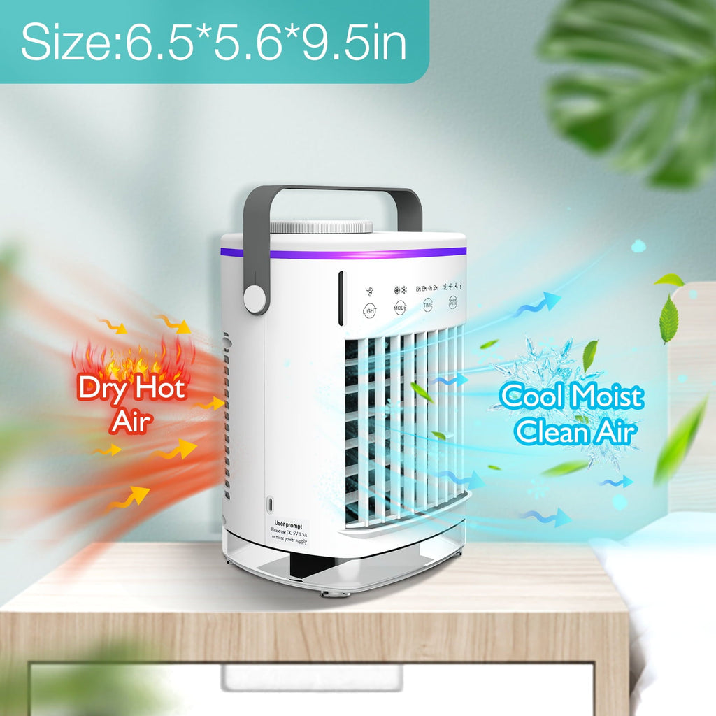 HailiCare Mini Portable Air Conditioner, 6-in-1 Evaporative Coolers with Mist Sprayer Function,Air Cooler with 4 Speeds and 7 Color LED Light for Home Bedroom Office
