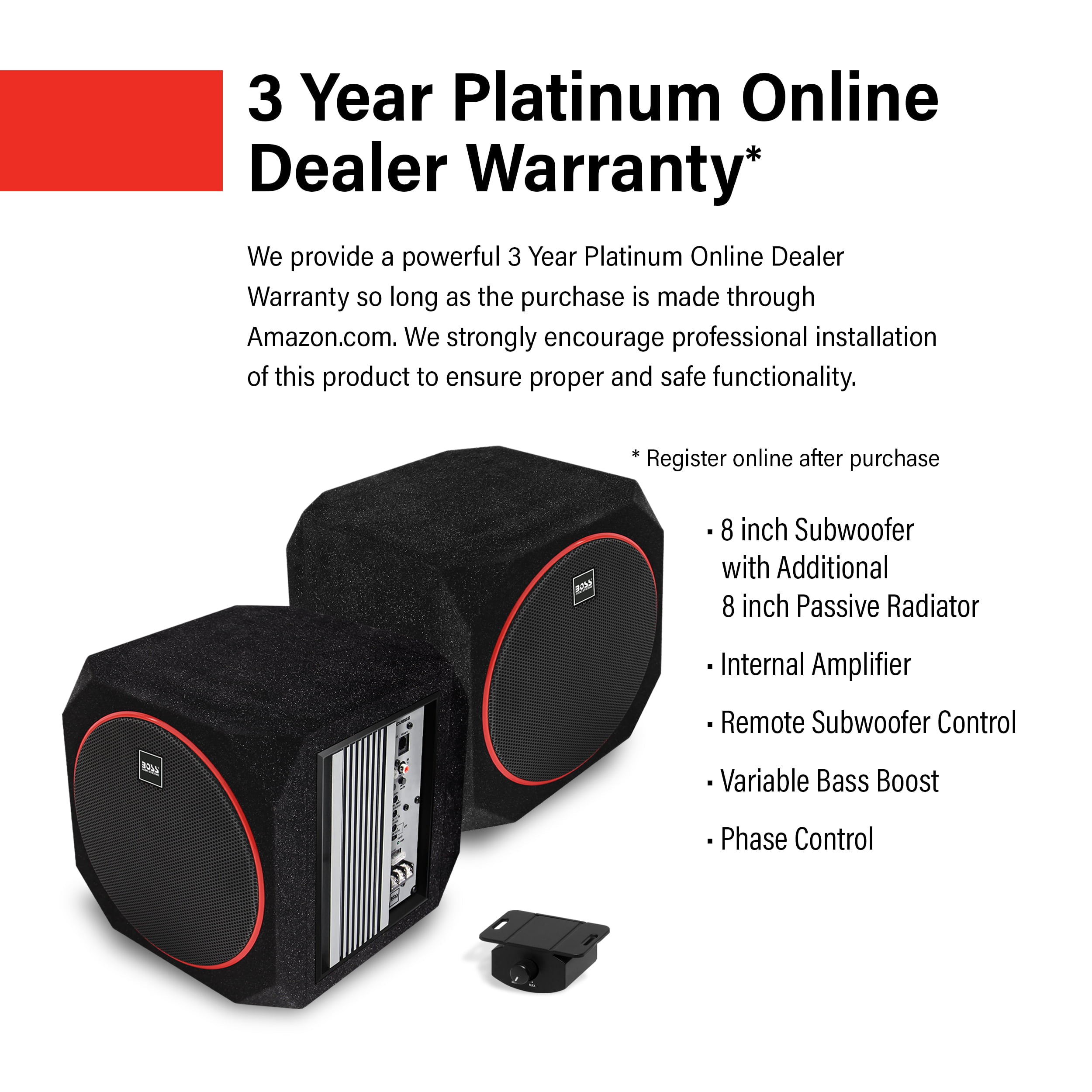 BOSS Audio Systems CUBE8 8 Inch Car Audio Subwoofer and Amplifier Package – Powered, Built-in Amplifier, Passive Radiator, Remote Subwoofer Control, For Truck, Boxes and Enclosures