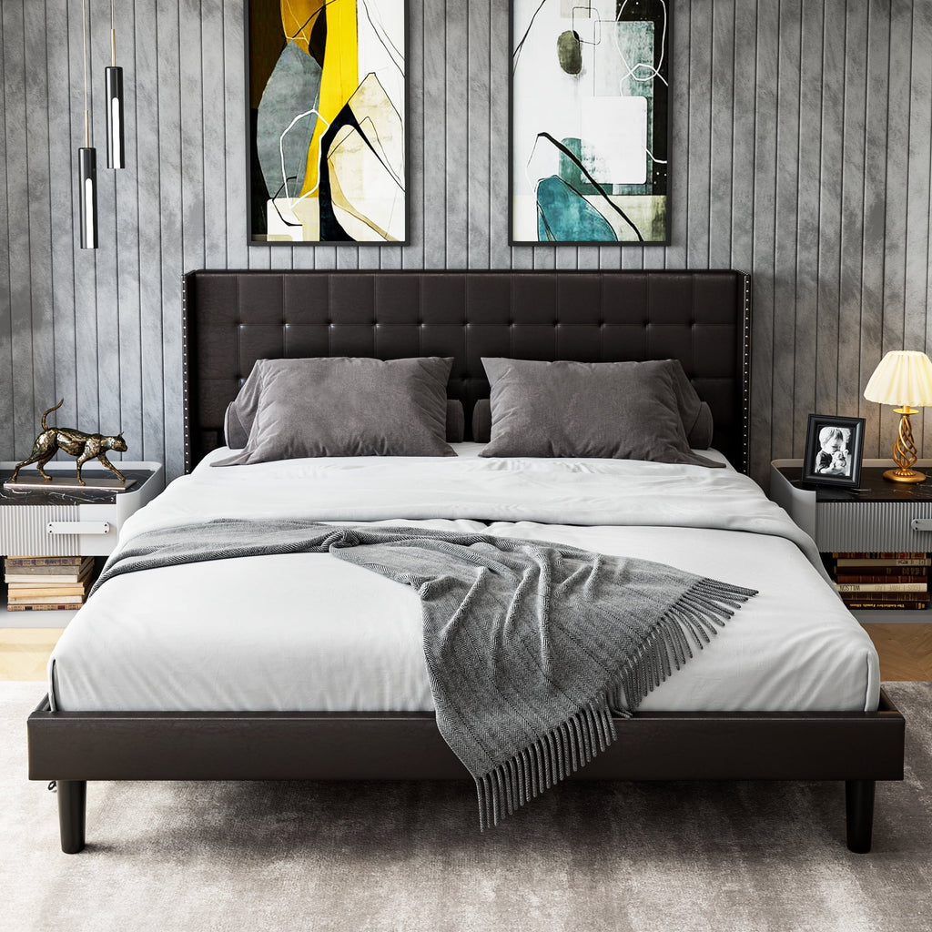 Homfa Full Bed Frame, Modern Bed Frame with Wing-Back PU Leather Upholstered Headboard, Wood Slat Support, Black Brown