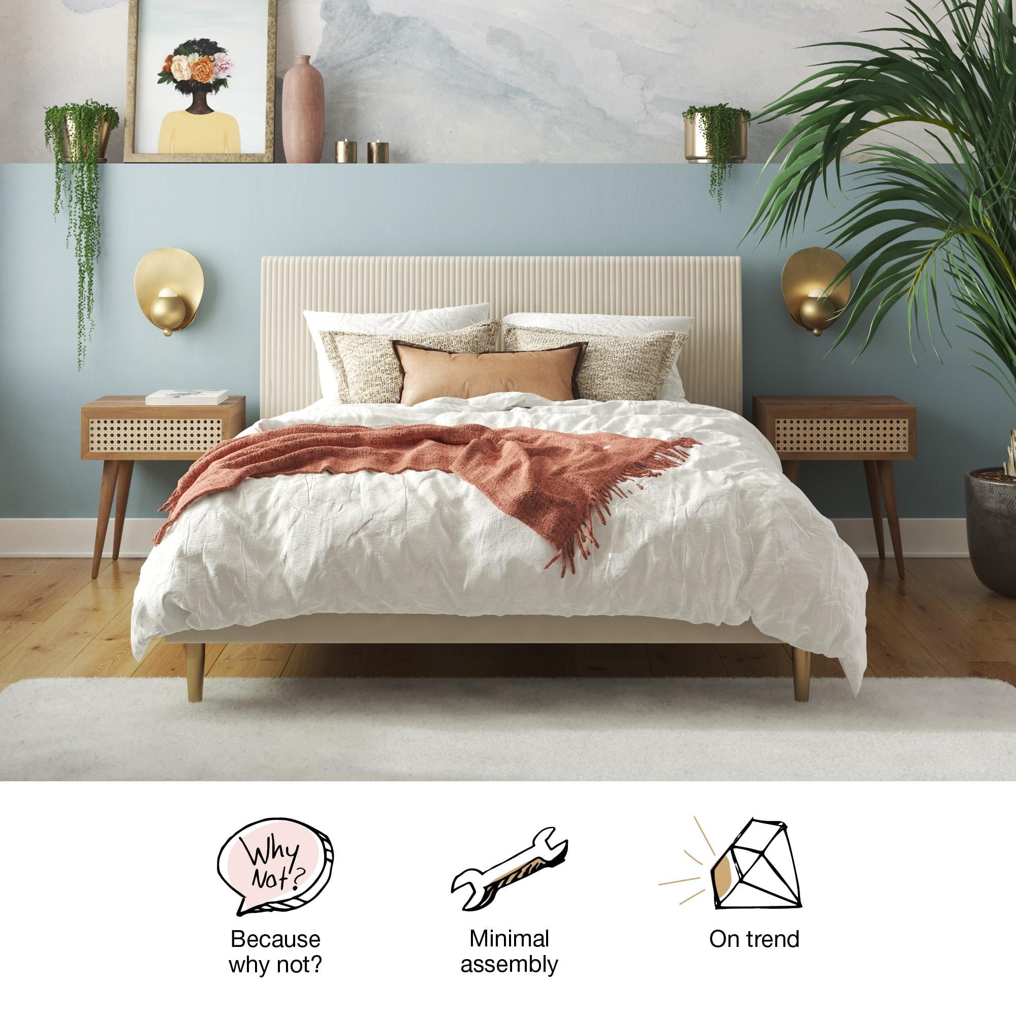 Mr. Kate Daphne Upholstered Bed with Headboard and Modern Platform Frame, Queen, Ivory Velvet