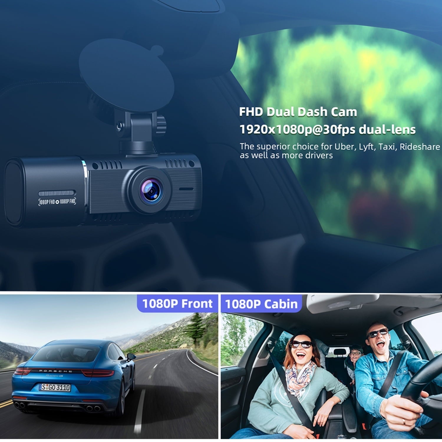 TOGUARD Dual Dash Cam Front and Inside 1080P Dash Camera for Cars with 64GB SD Card IR Night Vision Car Camera for Taxi Accident Lock Parking Monitor 2 Mounting Options