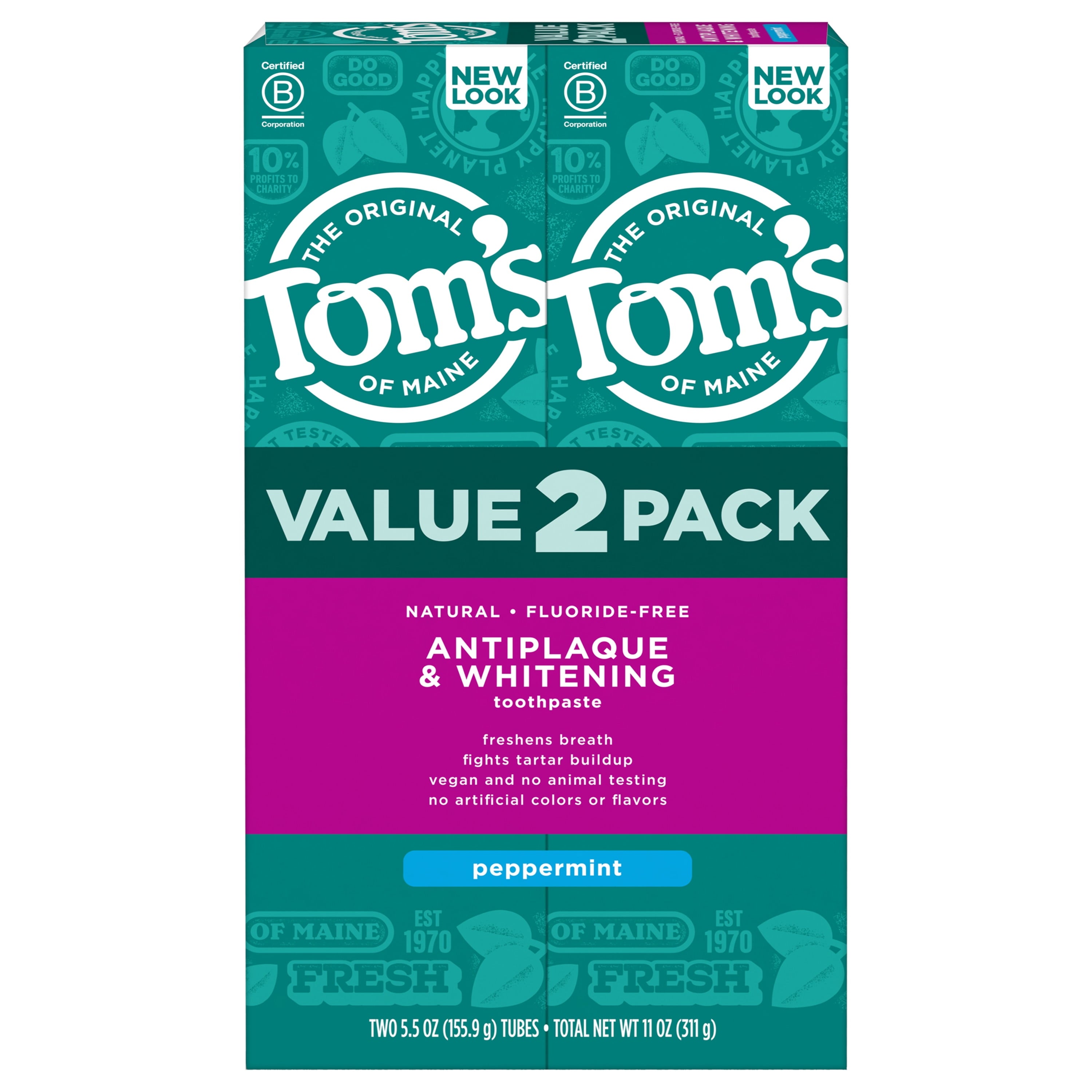 Tom's Antiplaque & Whitening Fluoride-Free Peppermint Toothpaste, 5.5oz, 2 Pack