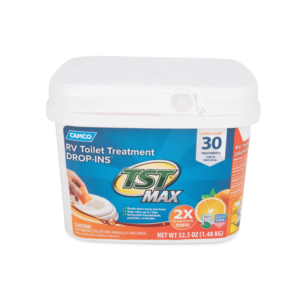 Camco TST MAX Camper/RV Toilet Treatment Drop-INs | Control Unwanted Odors and Break Down Waste and Tissue | Safe Septic Tank Treatment | Orange Scent | 30-Pack (41183)