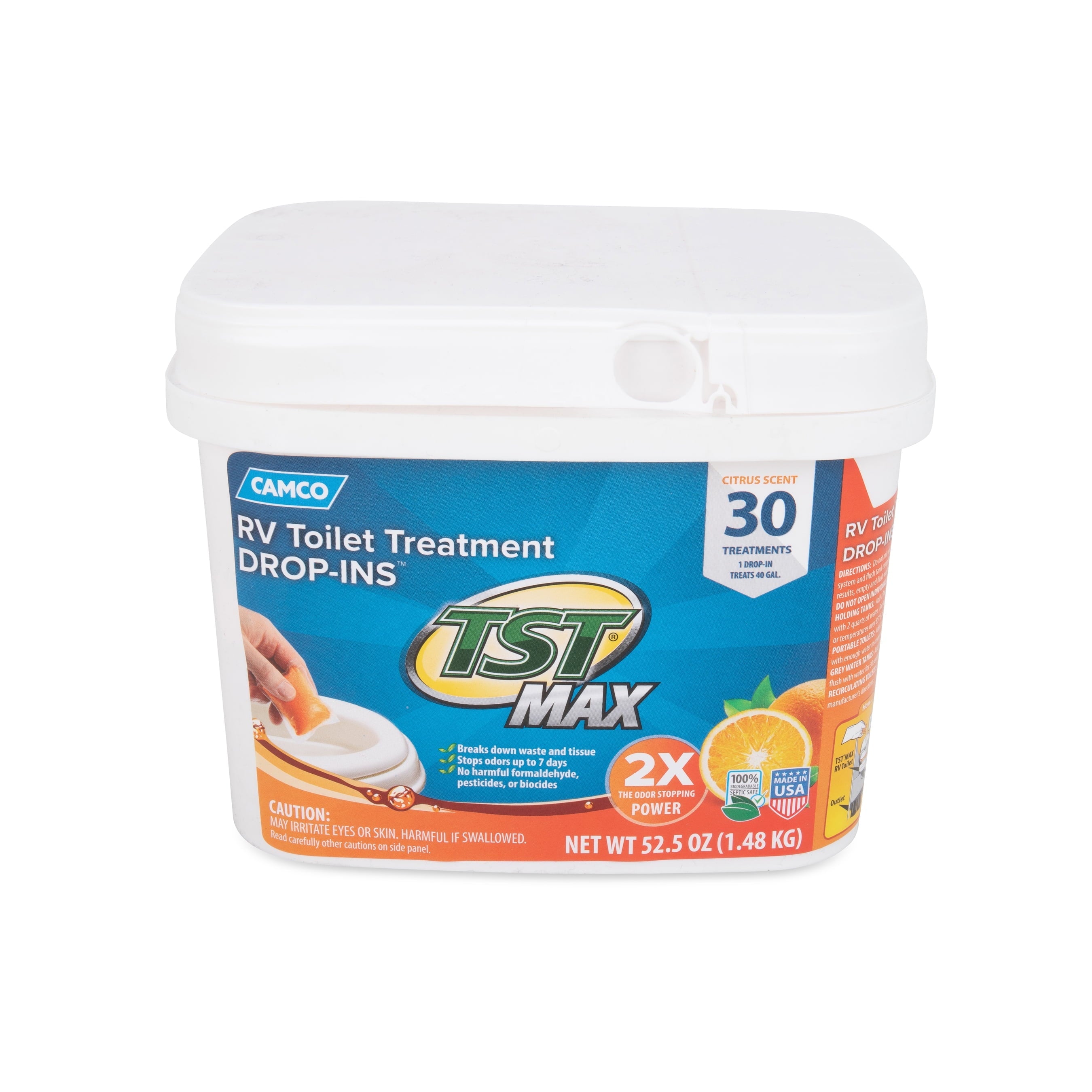 Camco TST MAX Camper/RV Toilet Treatment Drop-INs | Control Unwanted Odors and Break Down Waste and Tissue | Safe Septic Tank Treatment | Orange Scent | 30-Pack (41183)