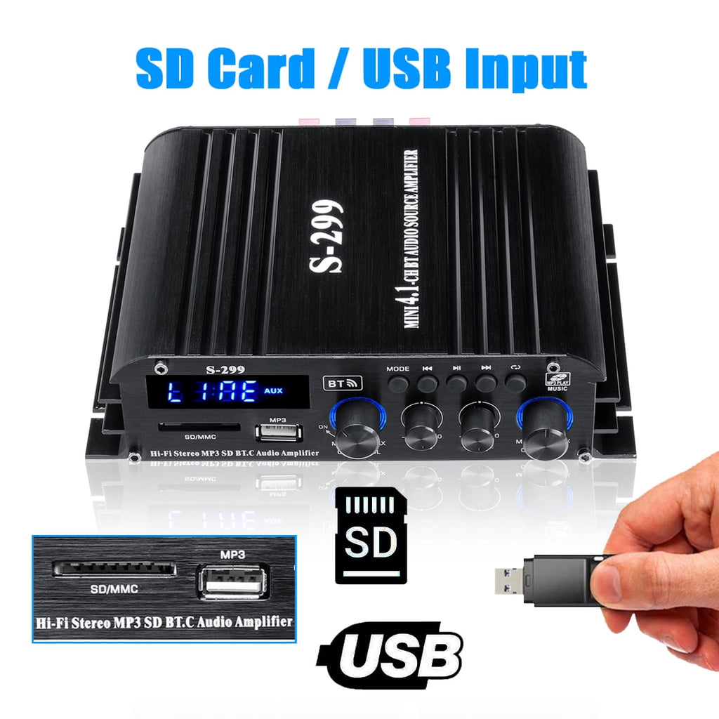 1600W Bluetooth Audio Power Amplifier, 4.1 Channel Support 2 Pairs Speakers 1 Subwoofer, Wireless HiFi Stereo Receivers for Home & Car