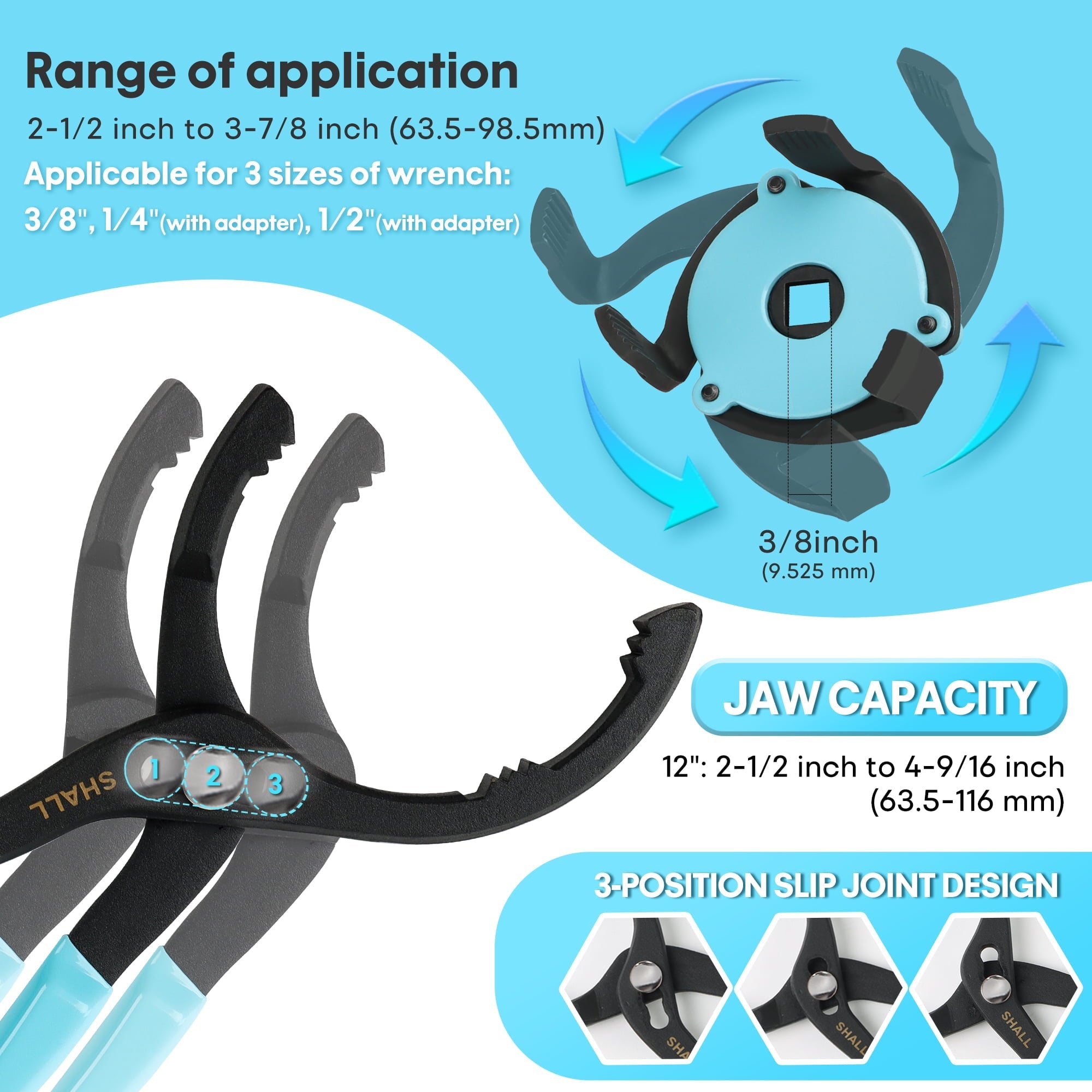 SHALL Oil Filter Wrench, 4PC Oil Filter Removal Tool, 12 Inch Adjustable Metal Oil Filter Pliers, 2PC Adapters, 2-Pack PVC Gloves