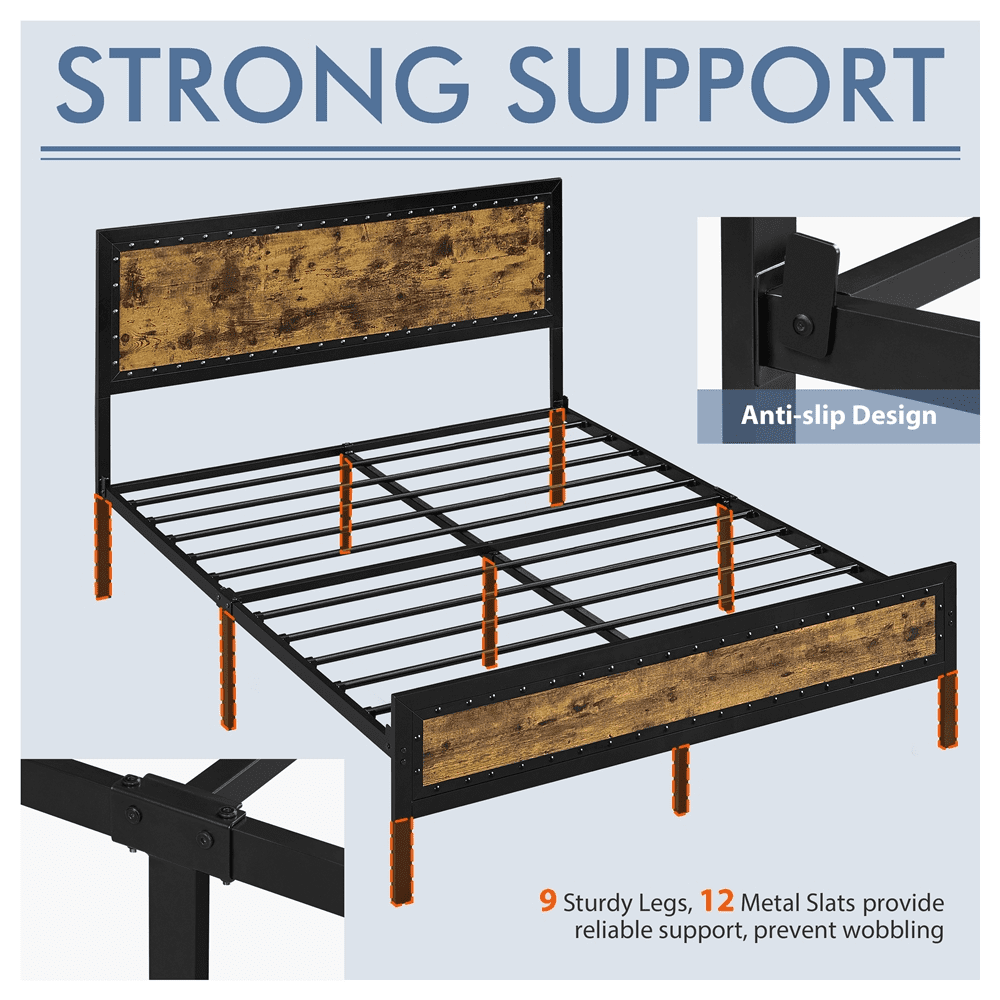 Topeakmart Industrial Metal Bed Frame with Wooden Headboard and Footboard, Queen Size, Rustic Brown
