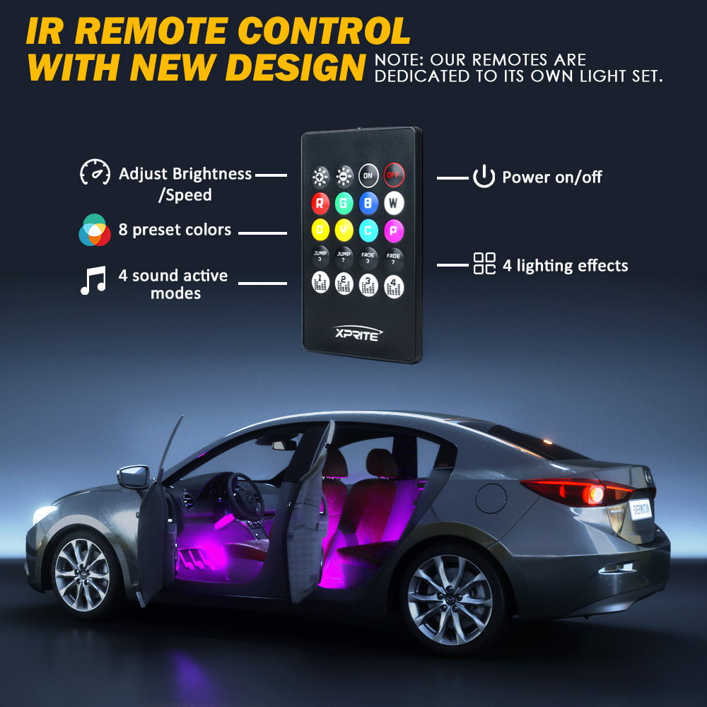 Xprite 4PC Celestial Series Bluetooth and Remote Control RGB LED Interior Car Light Set - Powered by USB