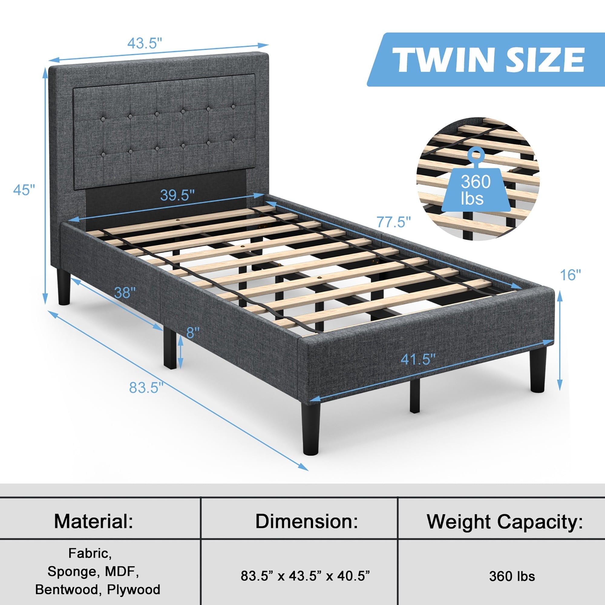 Costway Twin Size Upholstered Bed Frame Button Tufted Headboard Mattress Foundation Grey