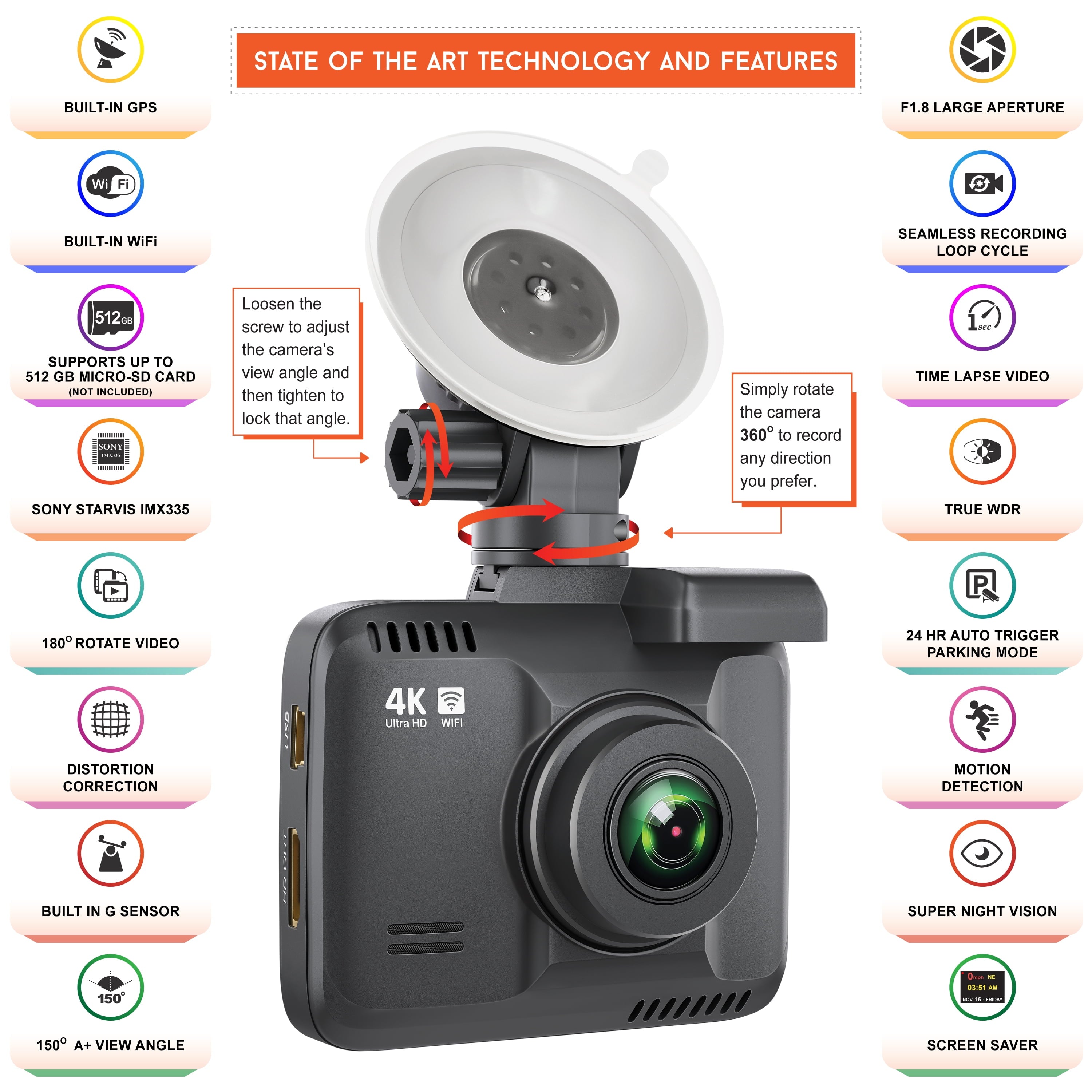 Rove R2-4K Dash Cam for Car - Built-in WiFi GPS Car Dashboard Camera Recorder with UHD 2160P, 2.4" LCD Display, 150° Wide Angle, WDR, Night Vision