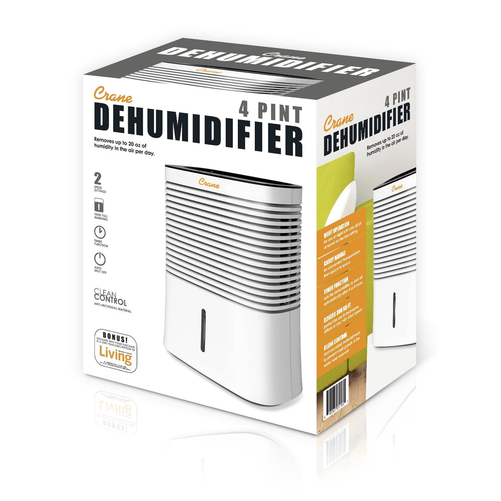 Crane 4 Pint Compact Portable Dehumidifier with 2 Settings for Small to Medium Rooms up to 300 sq. ft.