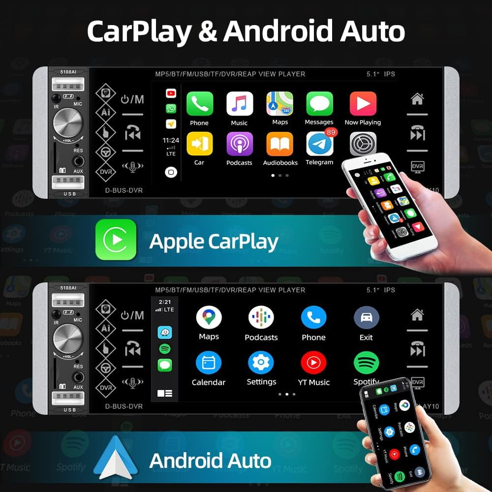 Podofo Single Din 5.1'' Car Stereo Radio Apple Carplay Android Auto Touch Screen Car Multimedia MP5 Player Bluetooth Mirror Link FM USB, with Back Up Camera