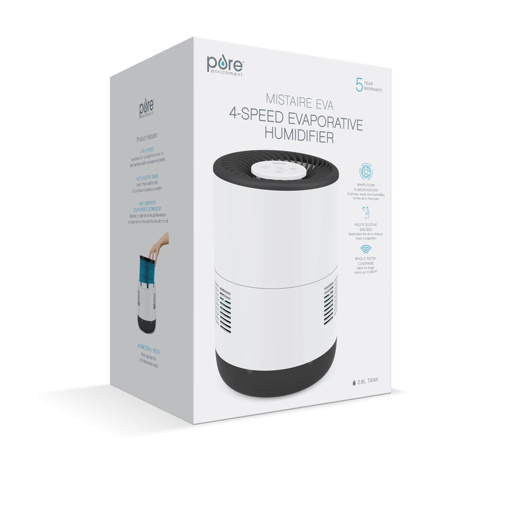 Pure Enrichment® MistAire™ Eva - Mist-Free Evaporative Humidifier (2.8L) with Filter, 4-Speeds, Large Room Coverage up to 500 sq. ft., and Auto Shut-Off Timer
