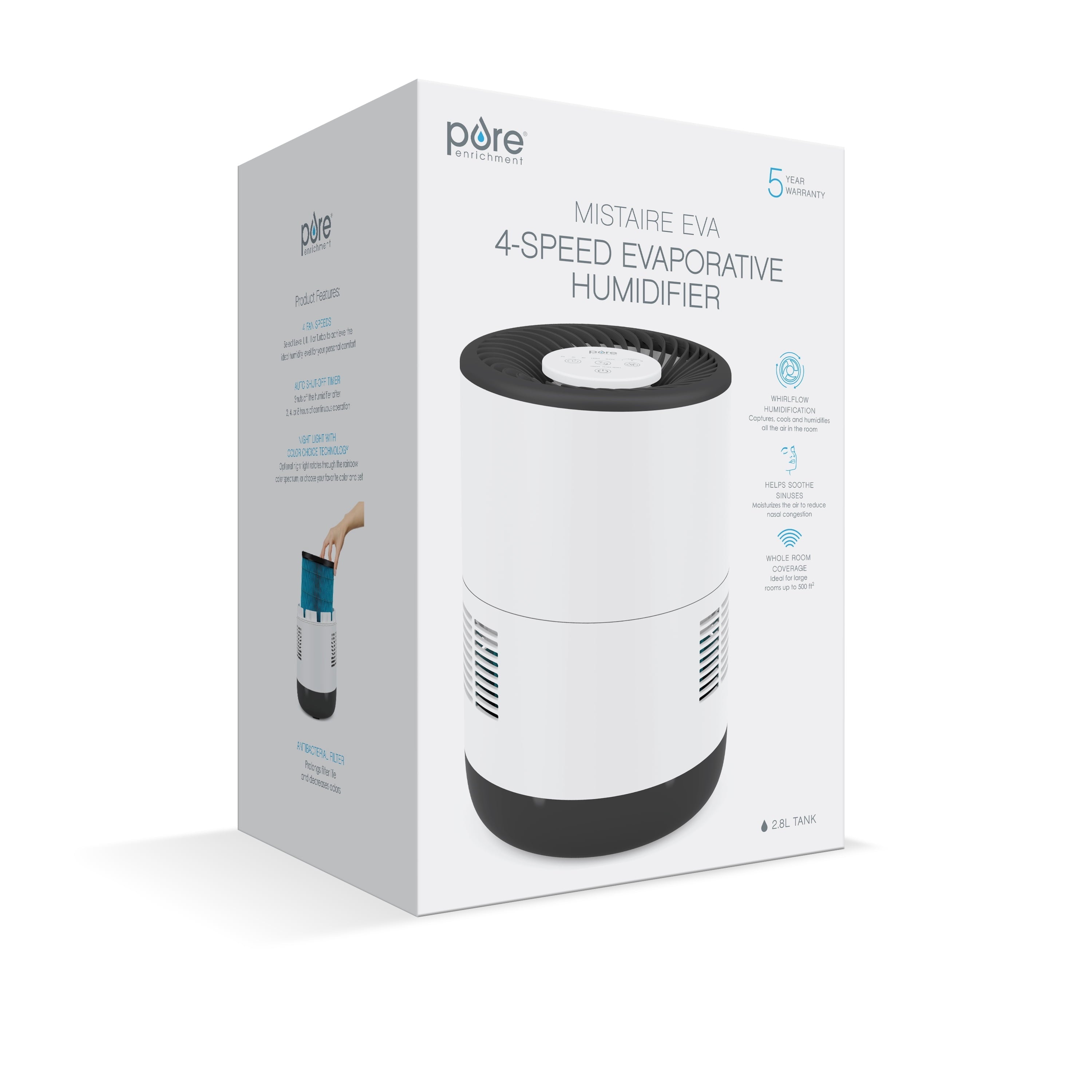 Pure Enrichment® MistAire™ Eva - Mist-Free Evaporative Humidifier (2.8L) with Filter, 4-Speeds, Large Room Coverage up to 500 sq. ft., and Auto Shut-Off Timer