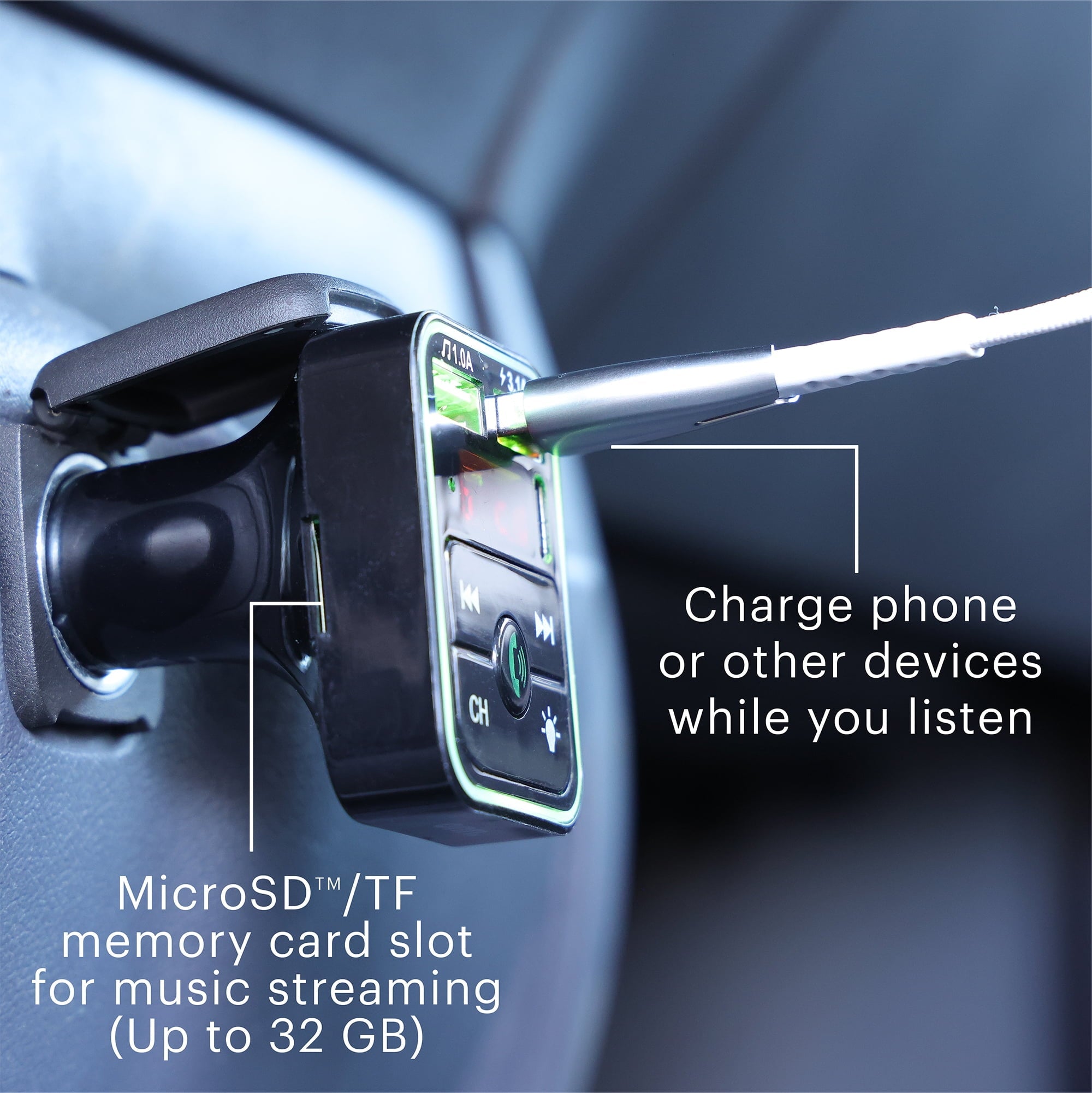 onn. Bluetooth LED FM Transmitter Car Charger with LCD Screen