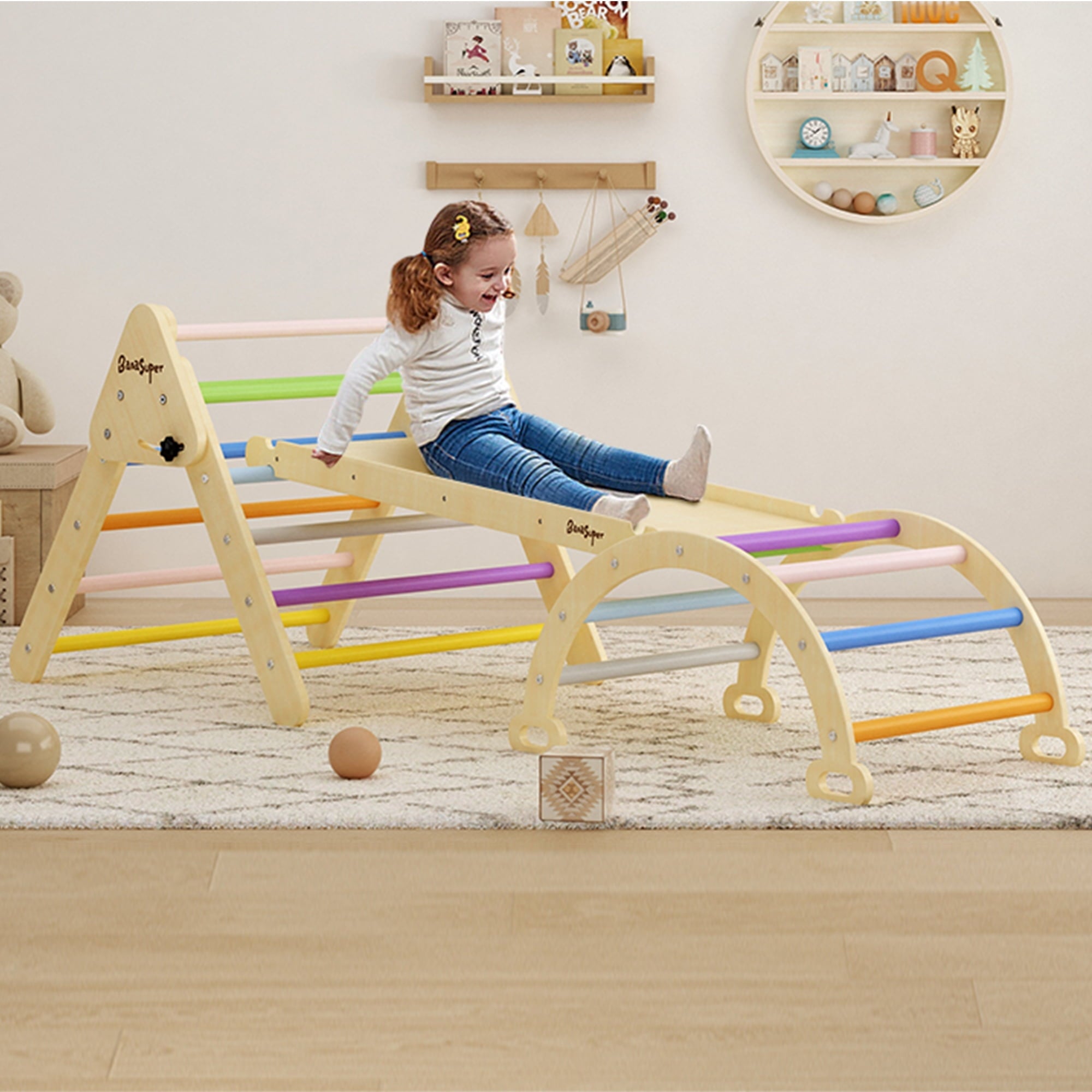 BanaSuper Colorful 3 in 1 Climbing Triangle Ladder with Ramp & Arch Foldable Wooden Triangle Climber Set Montessori Climbing Toys for Kids Ourdoor Indoor Playground Play Gym
