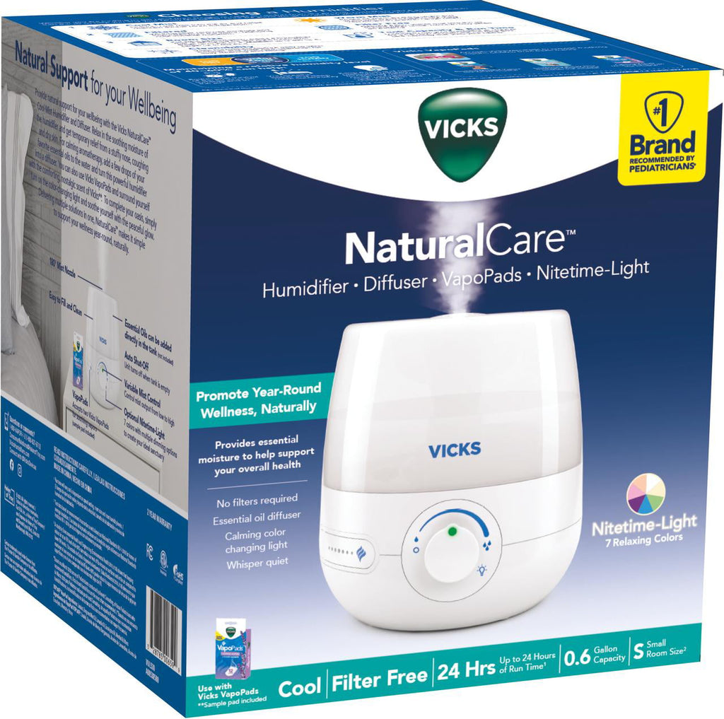 Vicks 0.6 Gallon Natural Care Cool Mist Ultrasonic Humidifier, 200 sq ft, White, VUL530